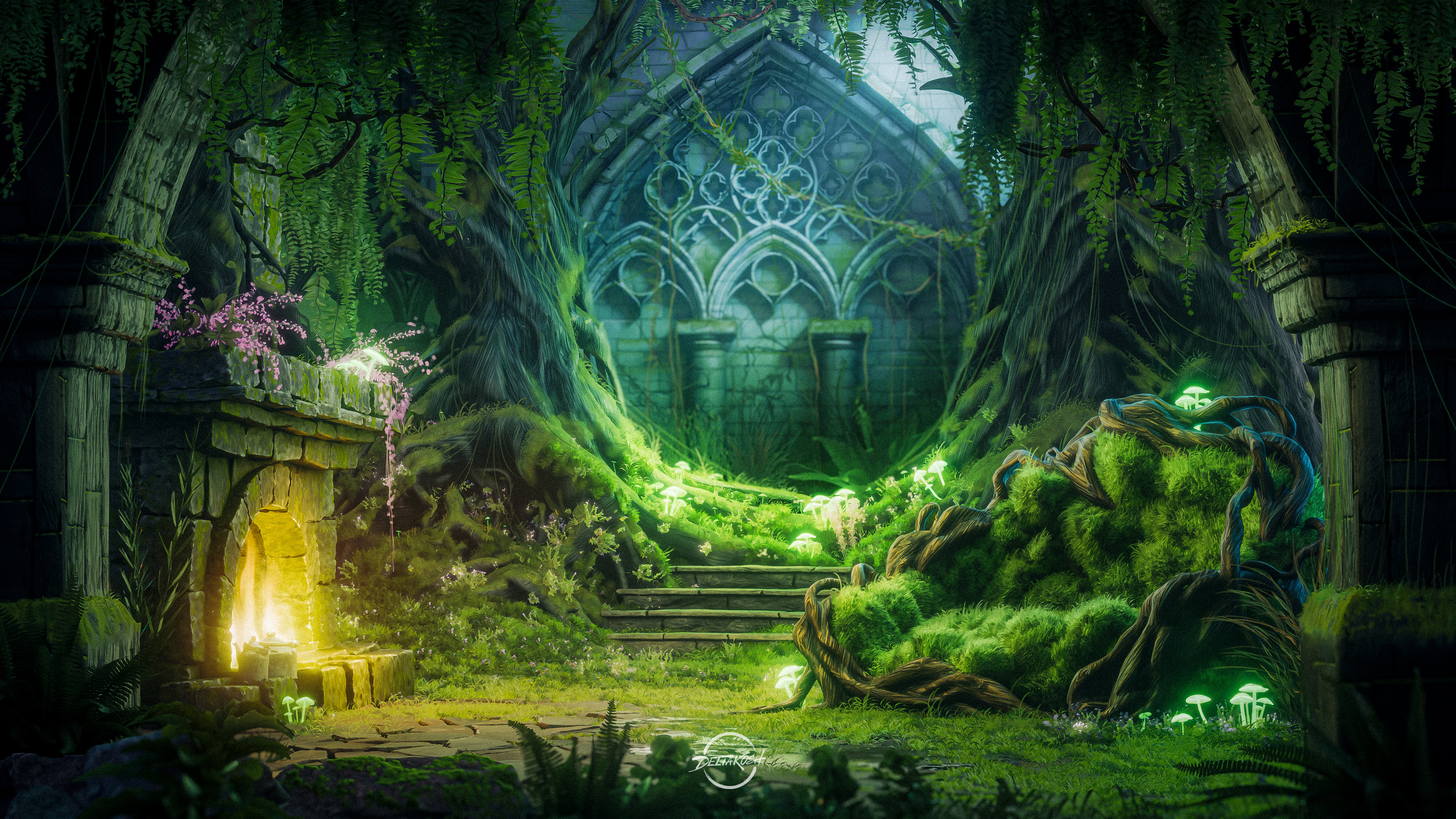 Mystical Forest Ruins with Glowing Mushrooms and Fireplace HD Wallpaper
