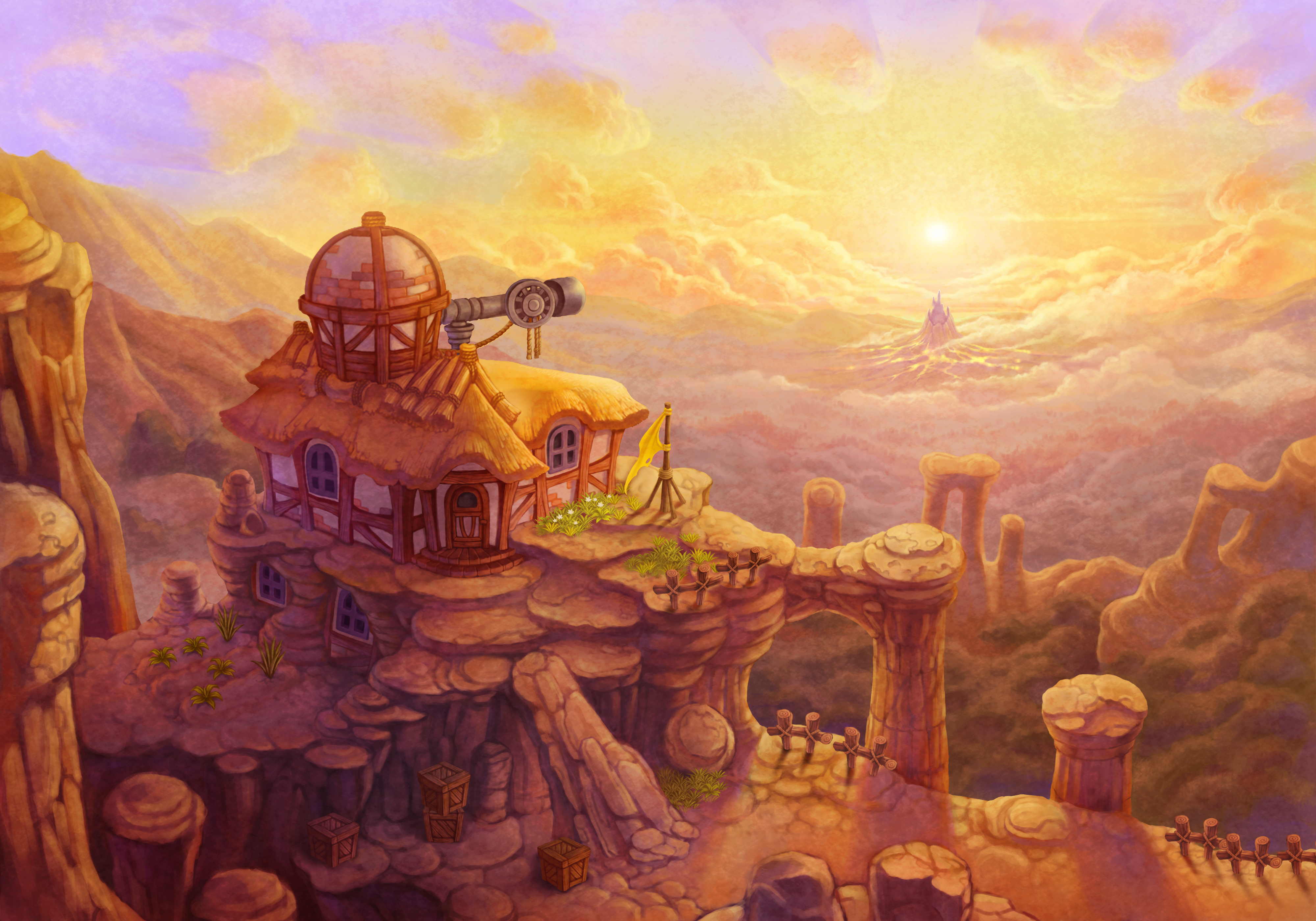 Fantasy Observatory House on a Mountain Cliff at Sunset HD Wallpaper