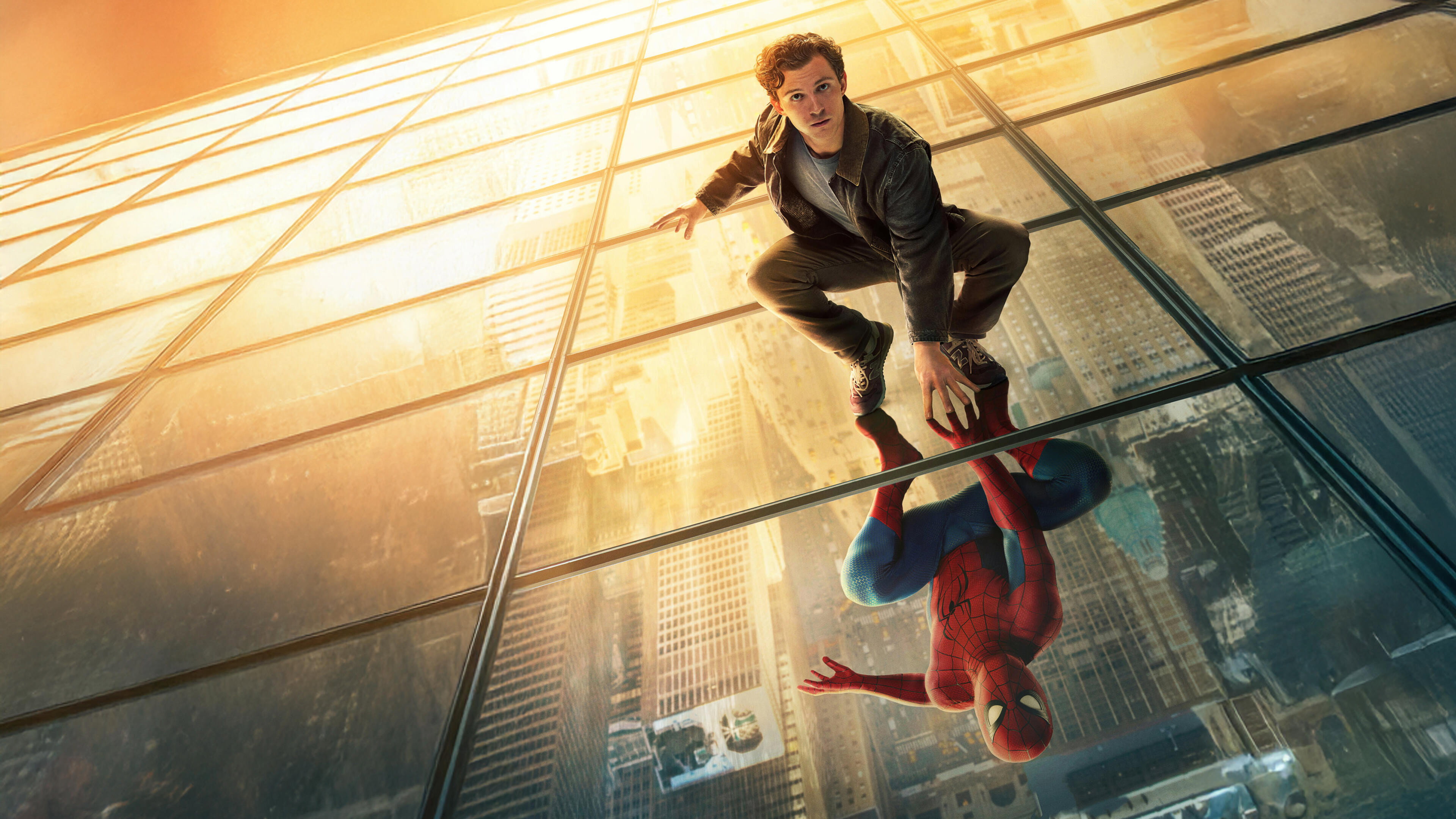 Peter Parker and Spider-Man Reflection on Skyscraper Glass HD Wallpaper