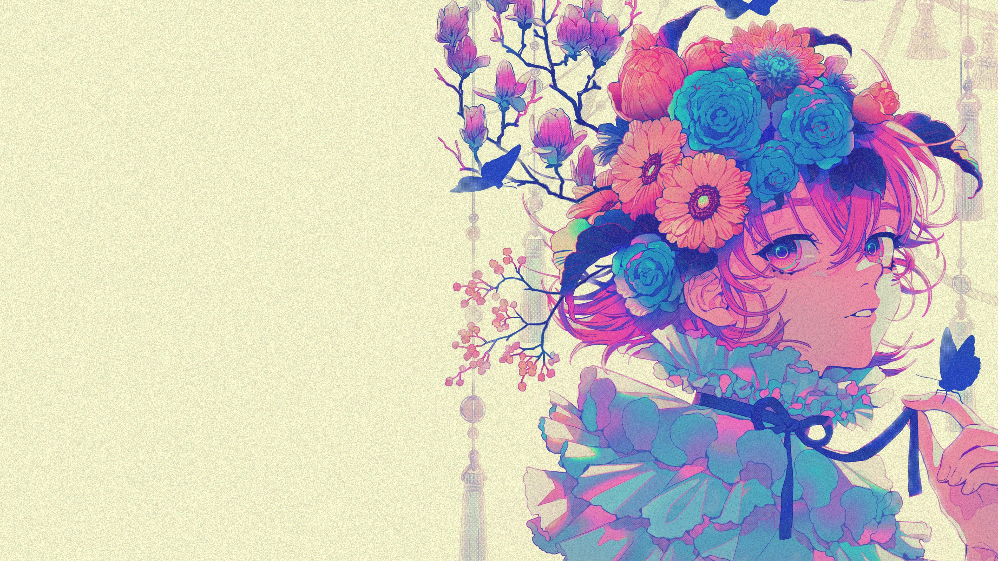 Anime Girl with Flower Crown and Butterflies by Akiakane HD Wallpaper
