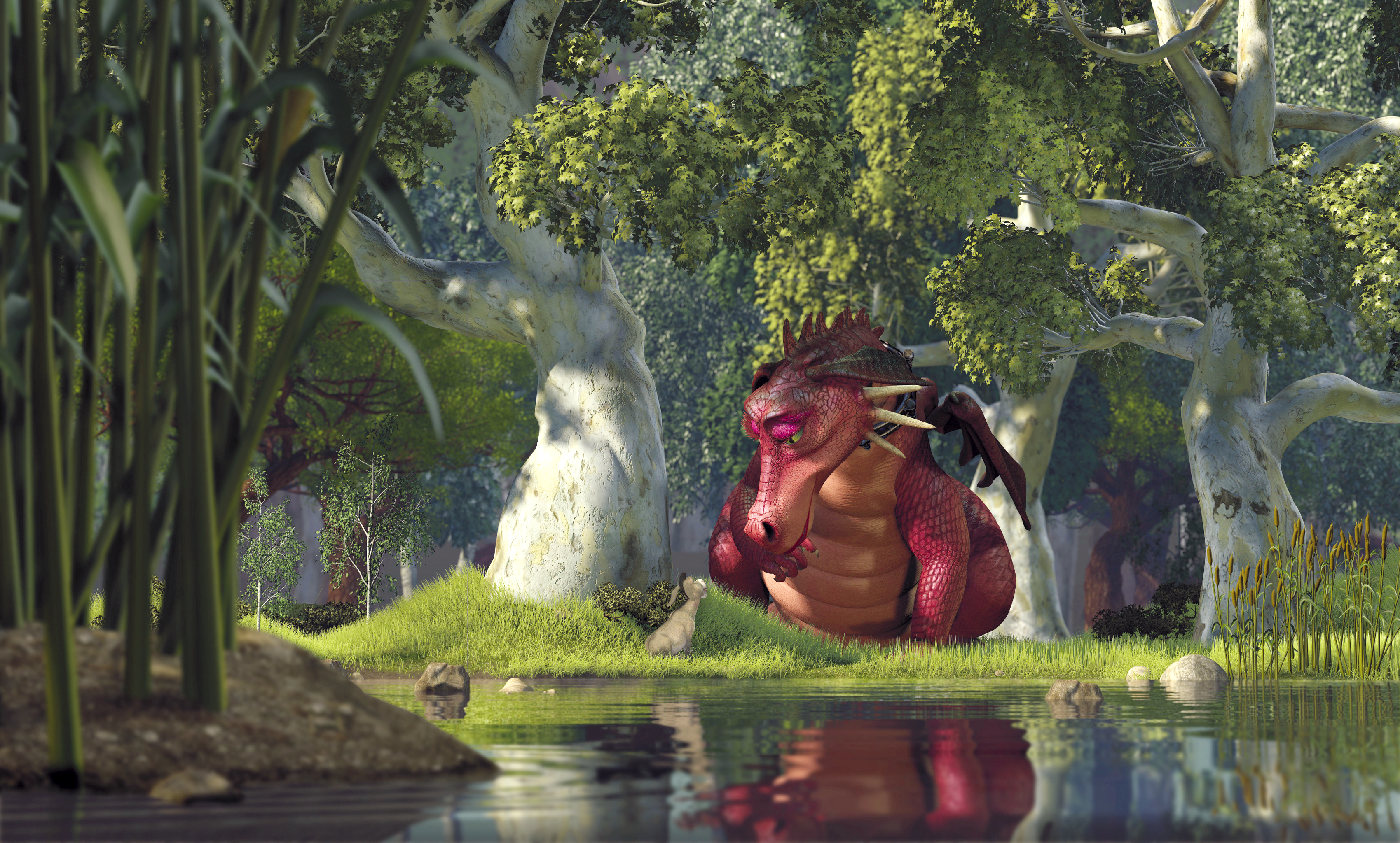 Dragon from Shrek looking at a small rabbit HD Wallpaper