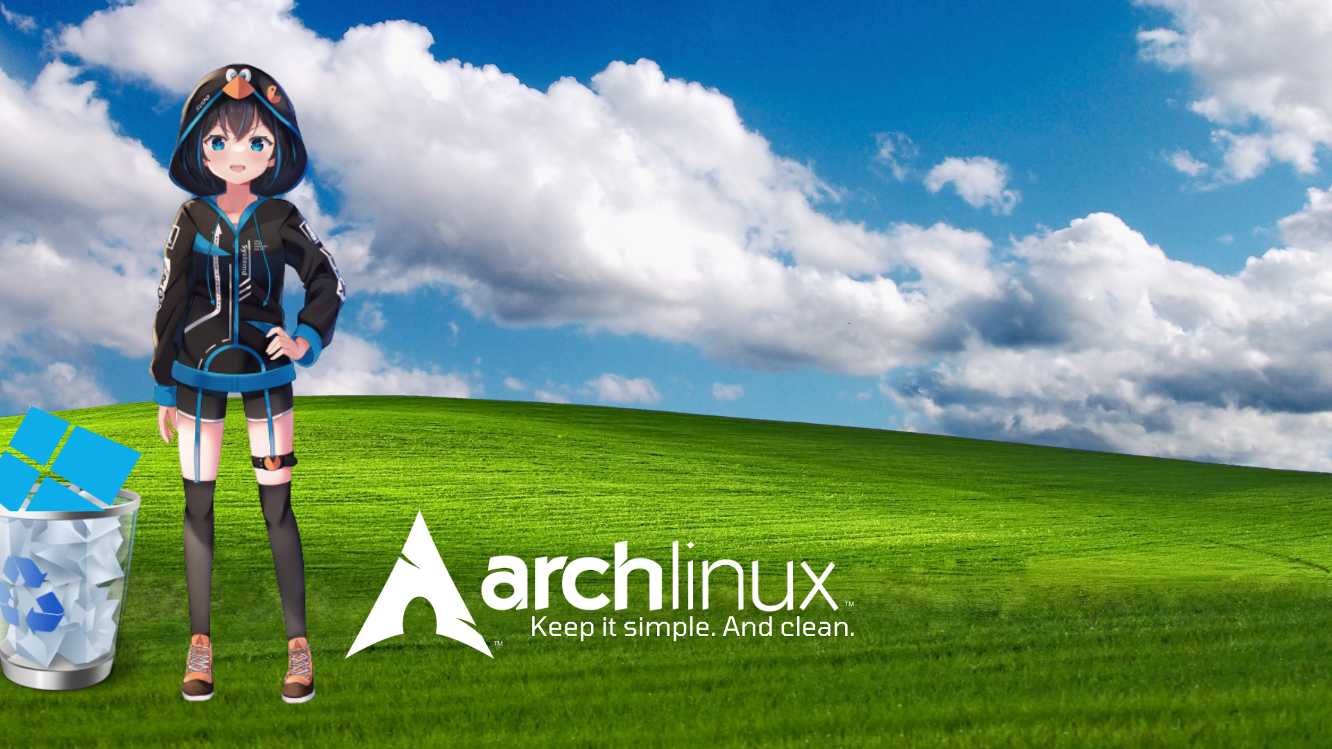 Hololive Oozora Subaru with Arch Linux on Bliss Hill HD Wallpaper