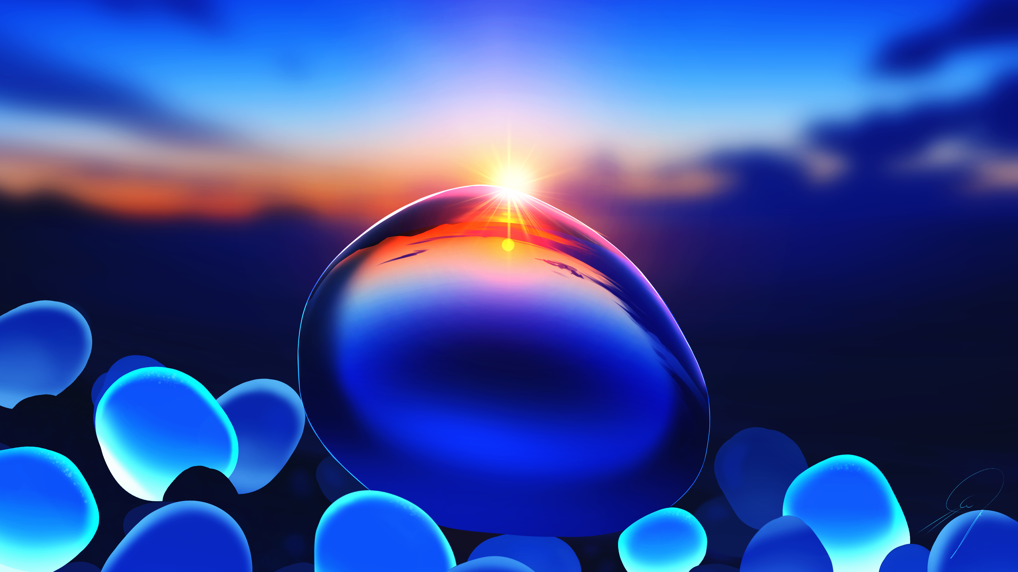Large Blue Droplet Reflecting a Sunrise HD Wallpaper