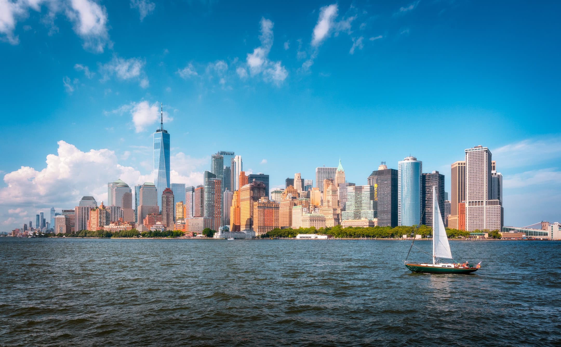 Manhattan Skyline with Sailboat in New York City HD Wallpaper