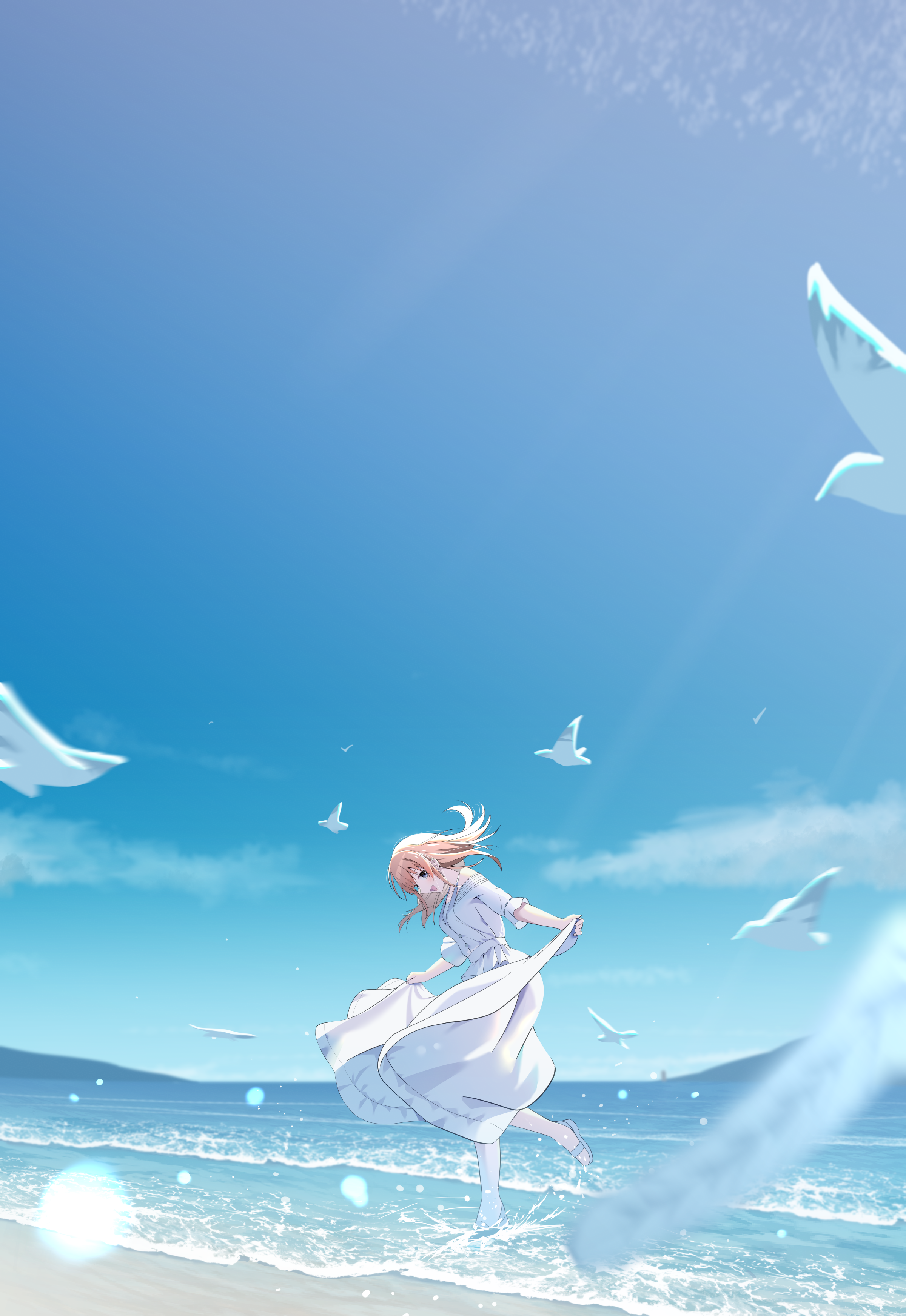 Violet Evergarden running on the beach with seagulls HD Wallpaper