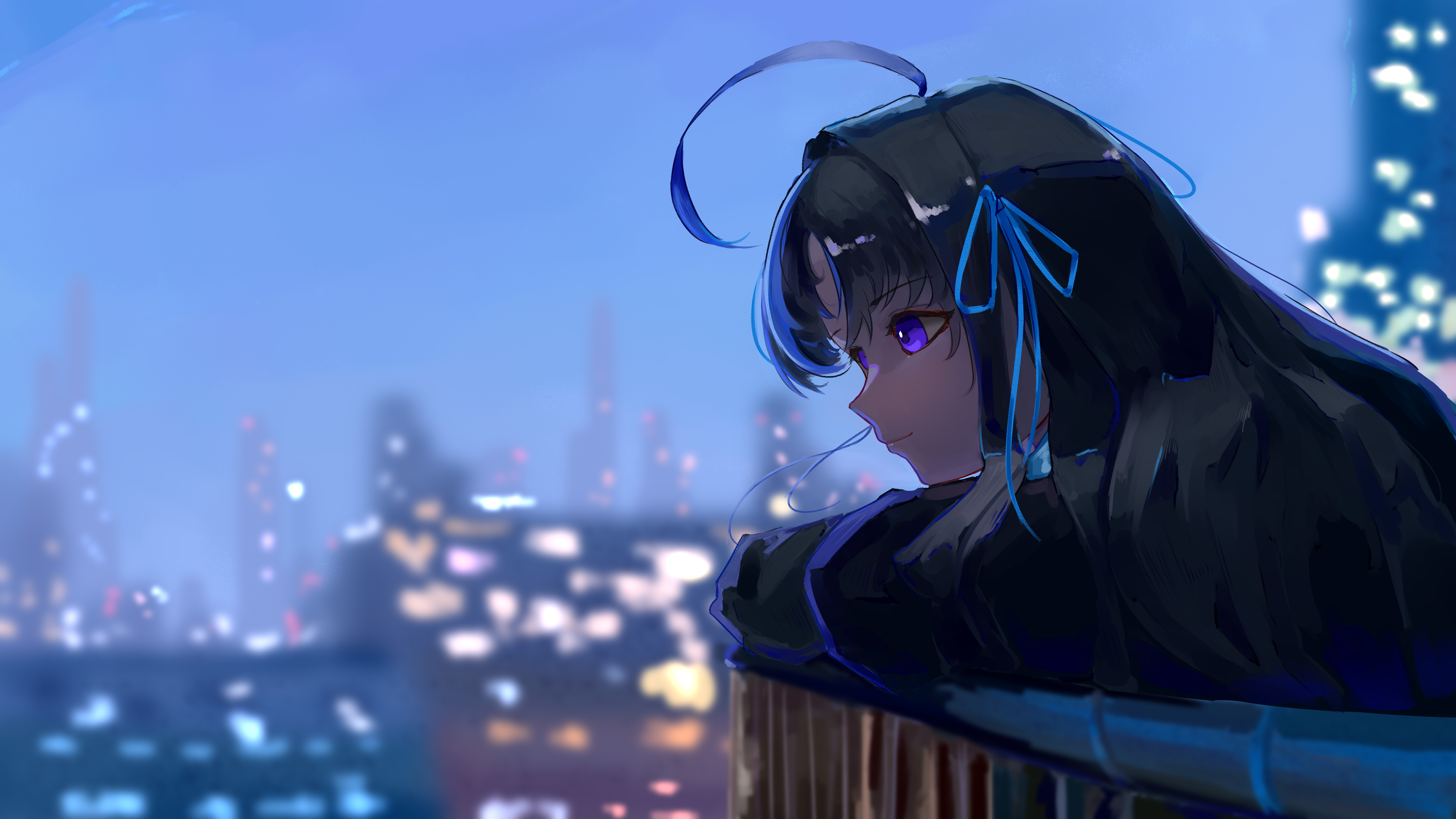 Tsukuyo from Blue Archive overlooking a city at night HD Wallpaper