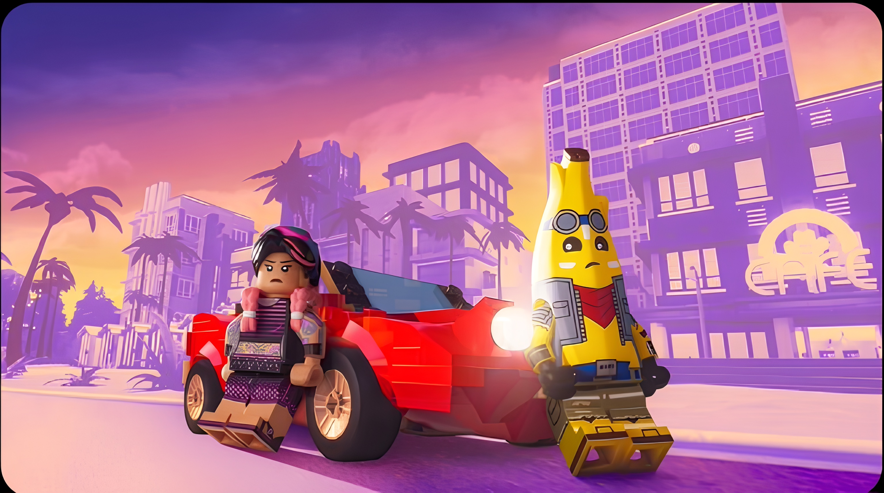 Lego characters in a red car with city background HD Wallpaper