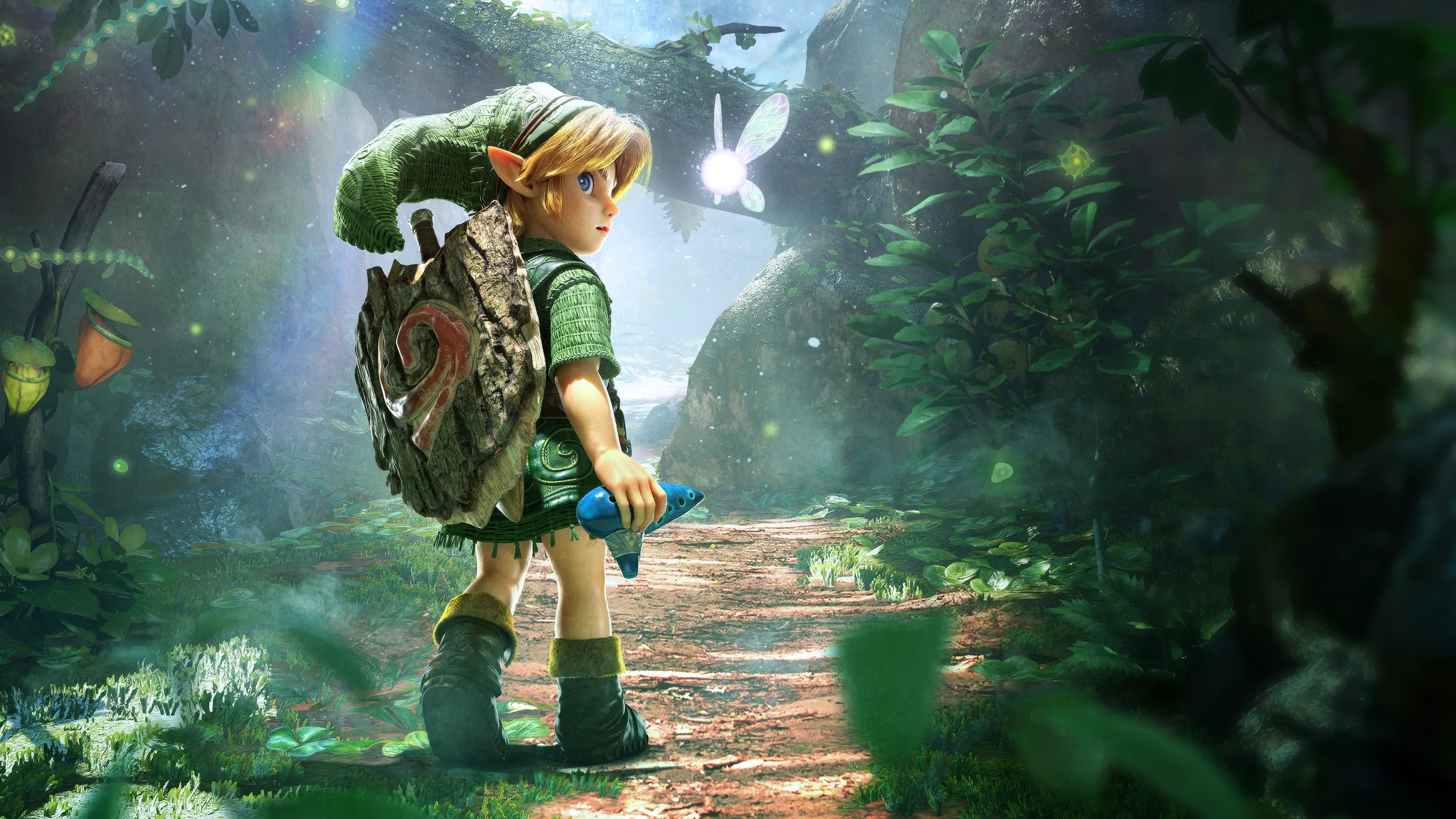 Link with Ocarina in a forest with a fairy HD Wallpaper