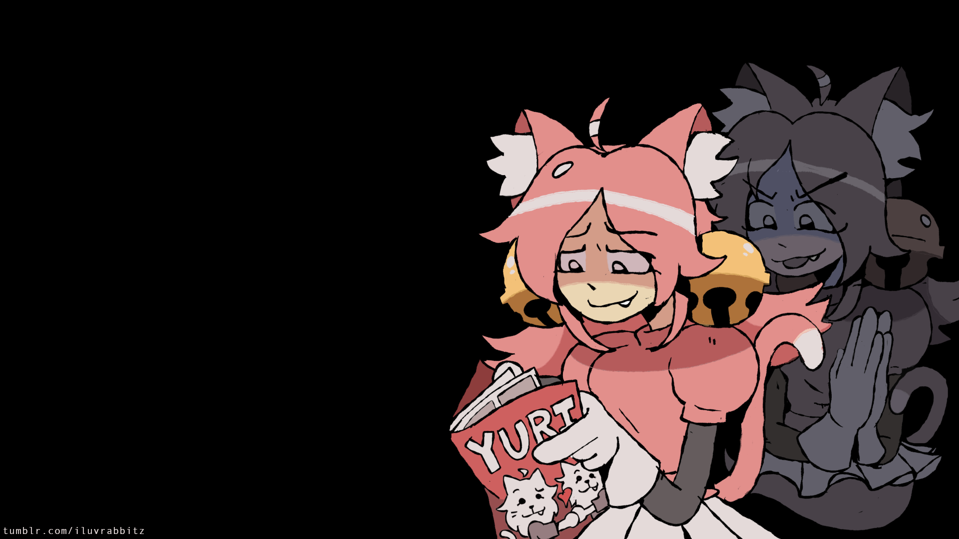 Pink Cat Girl Reads Book with Dark Cat Ghost Behind Her HD Wallpaper