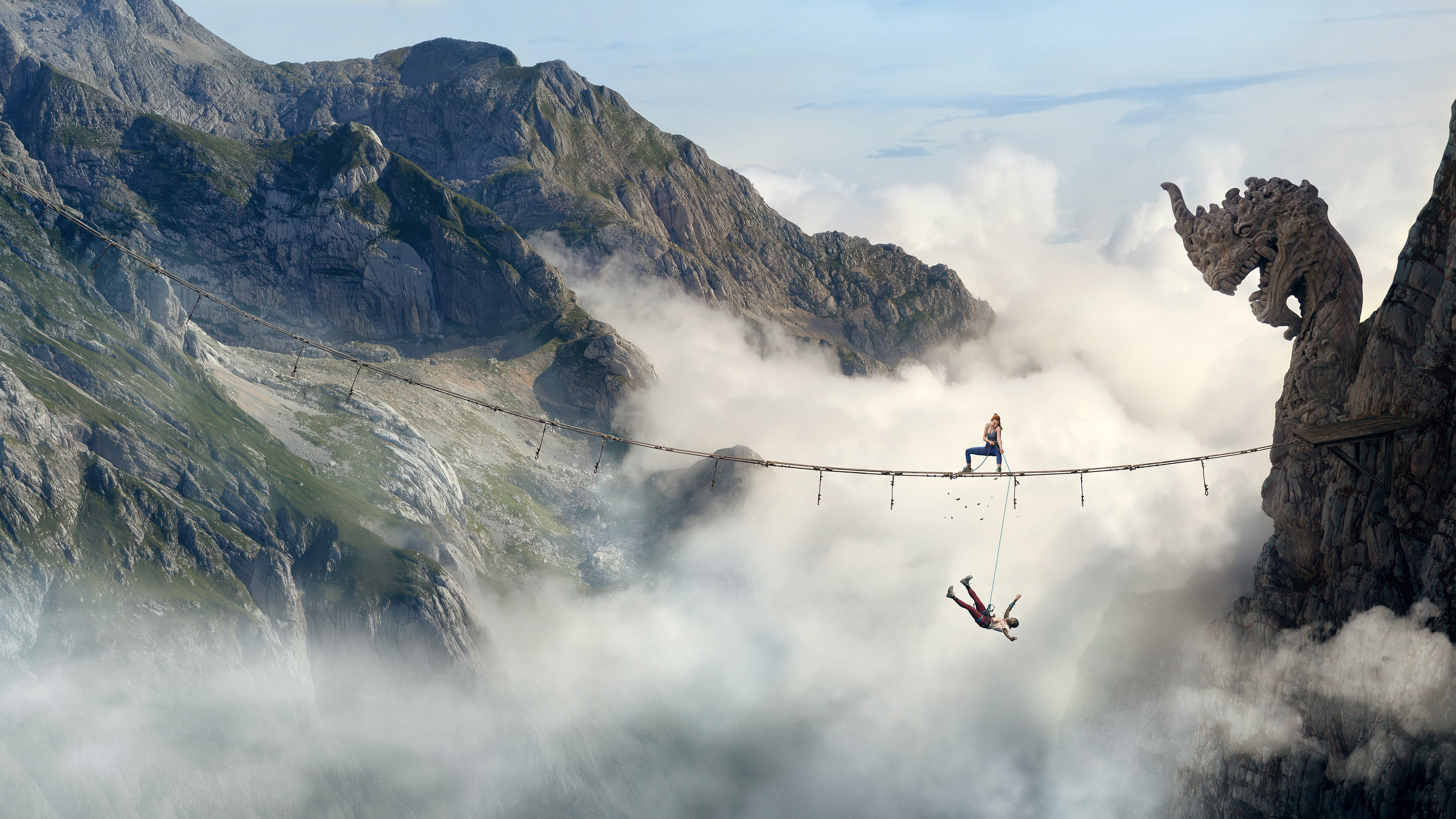 Woman on rope bridge with falling person and dragon HD Wallpaper