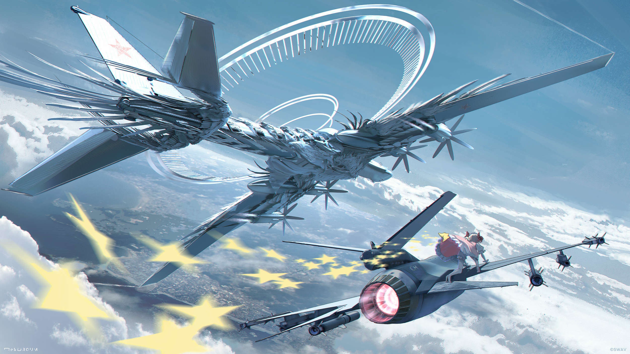 Anime girl on jet fighter with large alien aircraft HD Wallpaper