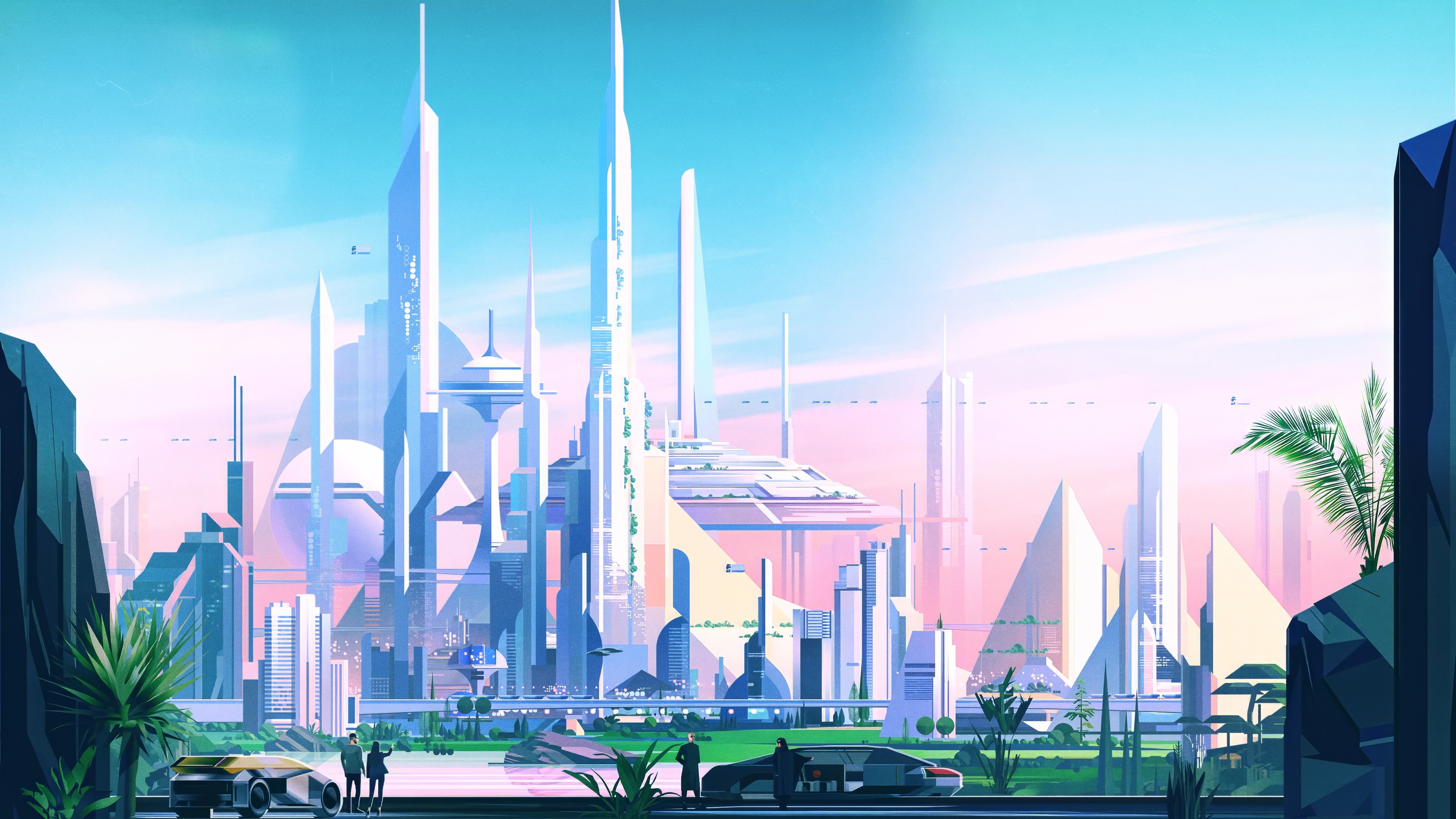 Futuristic Cityscape with People and Cars HD Wallpaper