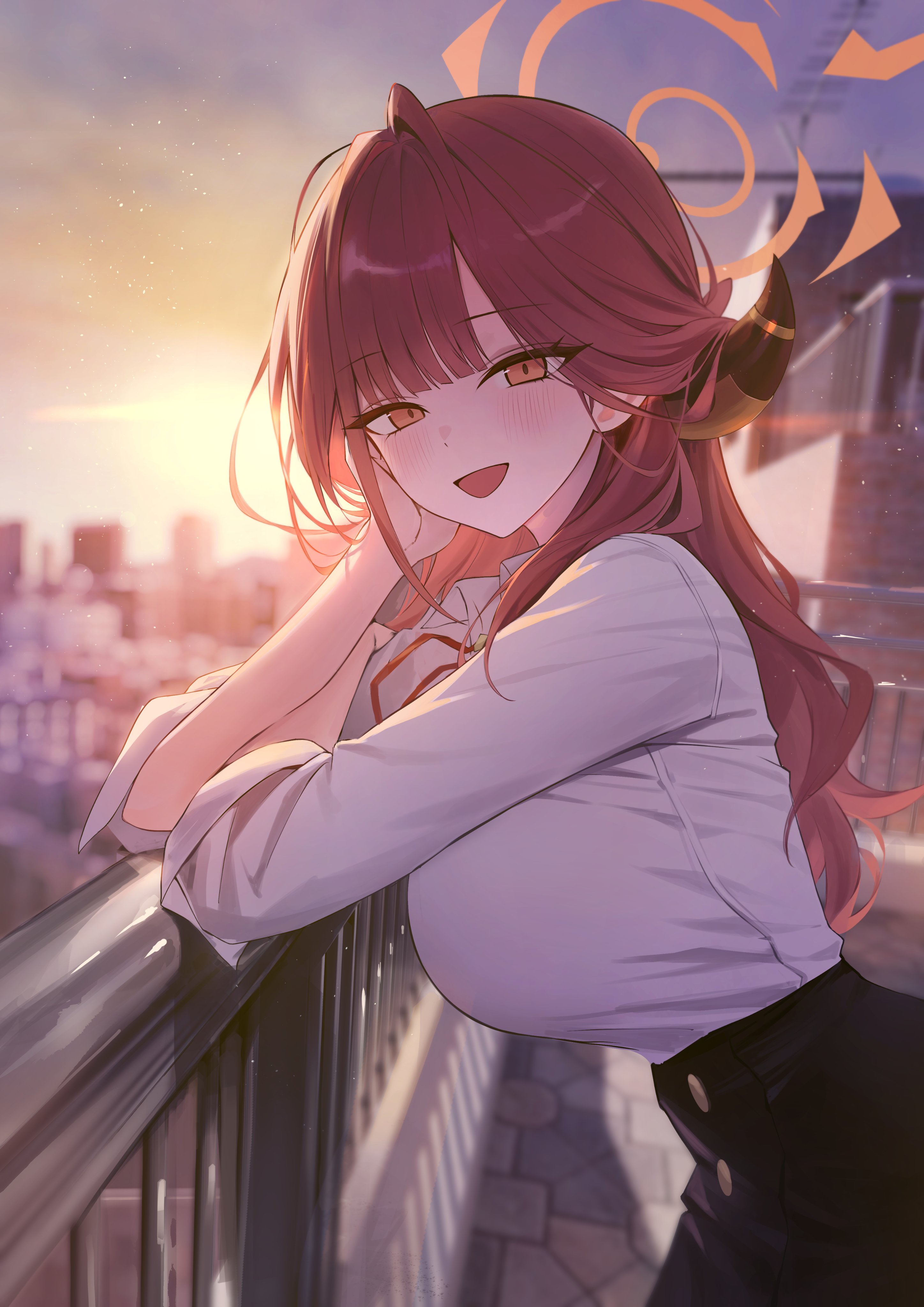Anime girl with horns and halo smiling HD Wallpaper