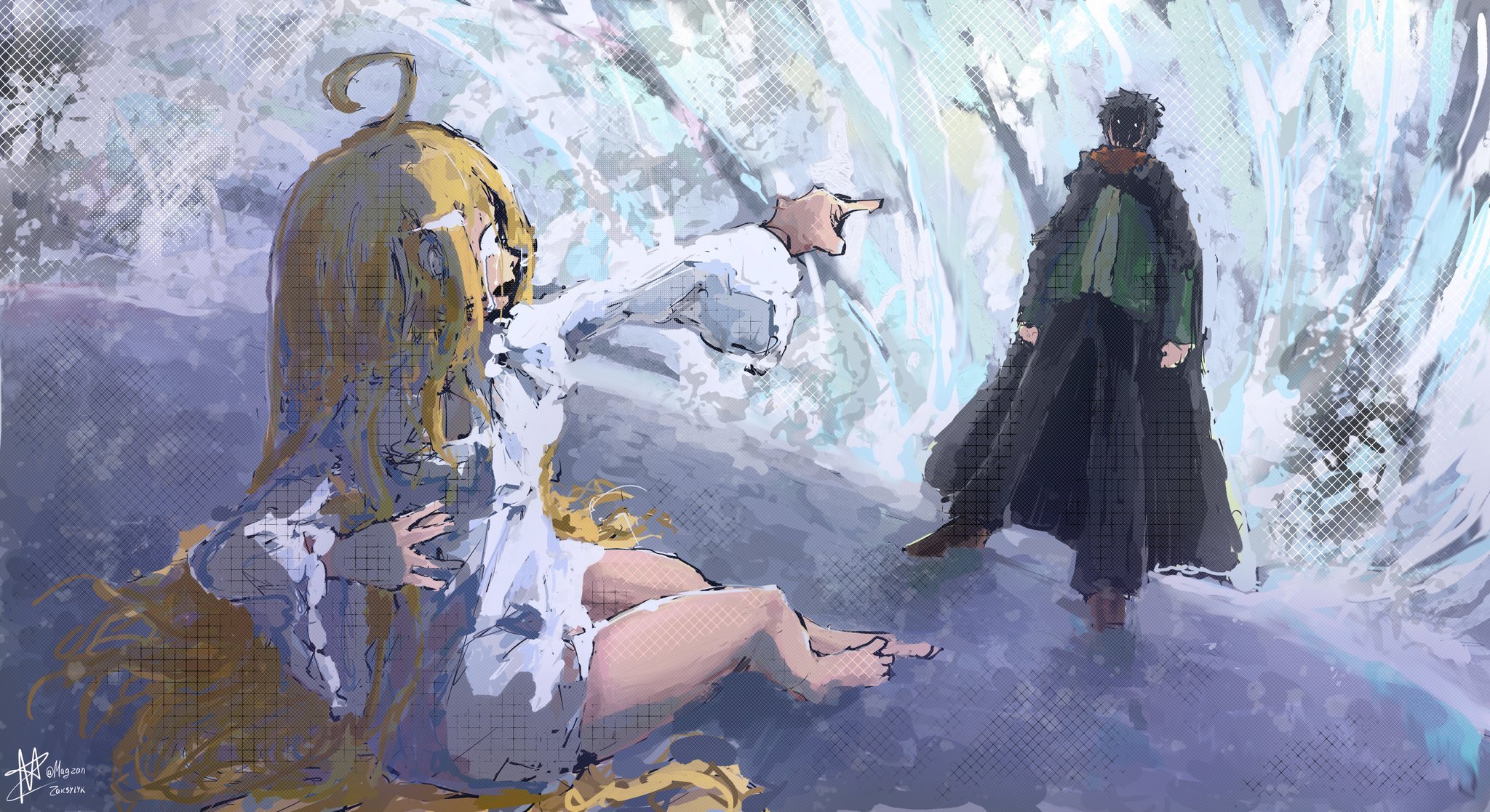 Emilia and Subaru in a snowy landscape HD Wallpaper