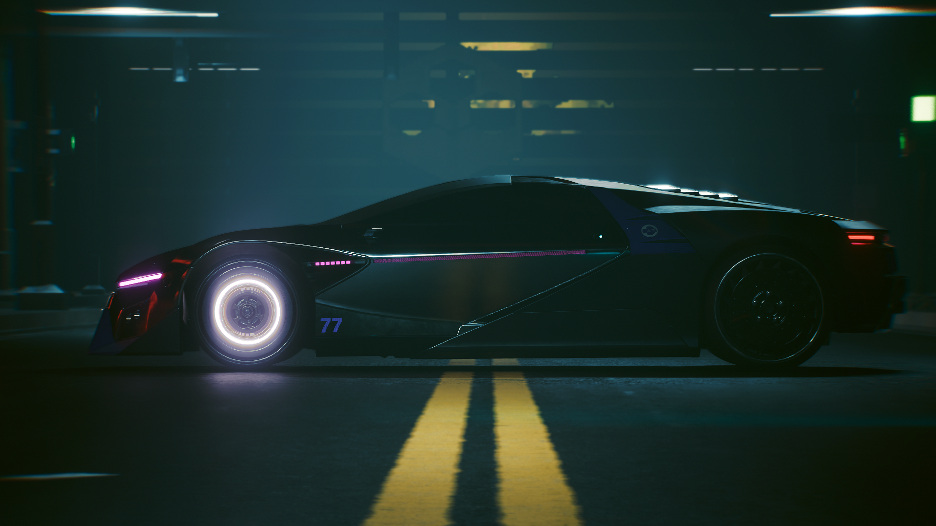 Cyberpunk car with glowing wheels on a street HD Wallpaper