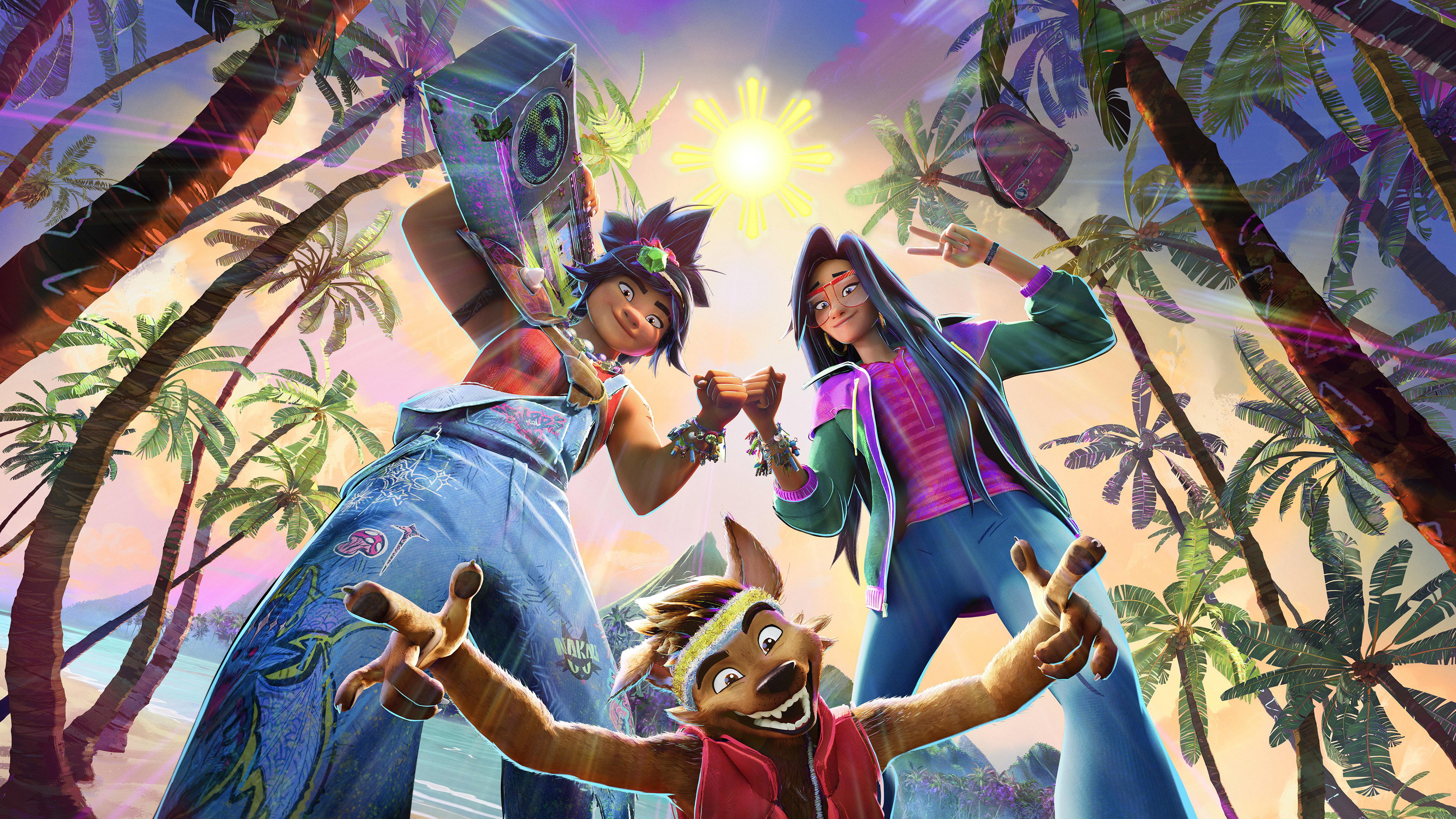 Three friends on a tropical island with palm trees HD Wallpaper