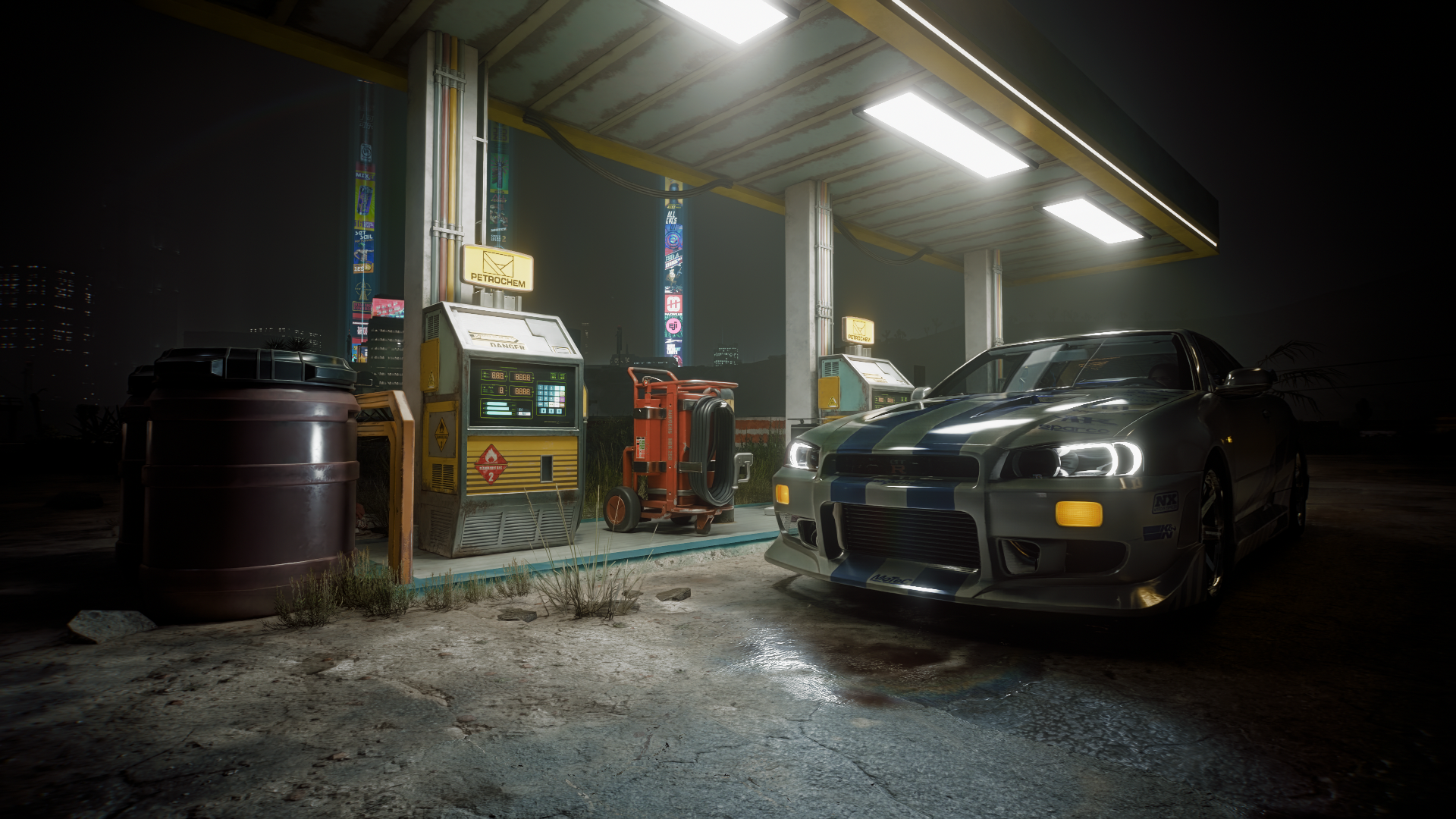 Nissan Skyline GT-R at a retro-futuristic gas station HD Wallpaper