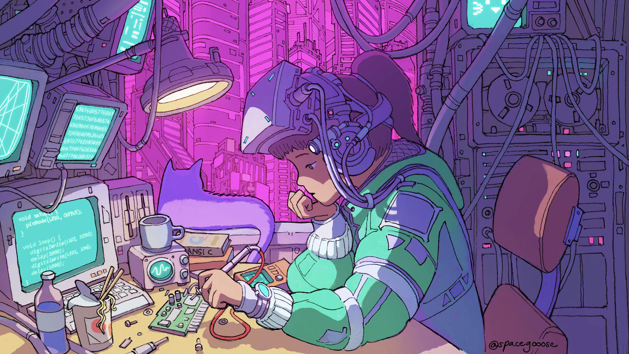 Girl in VR headset working on computer with cat HD Wallpaper