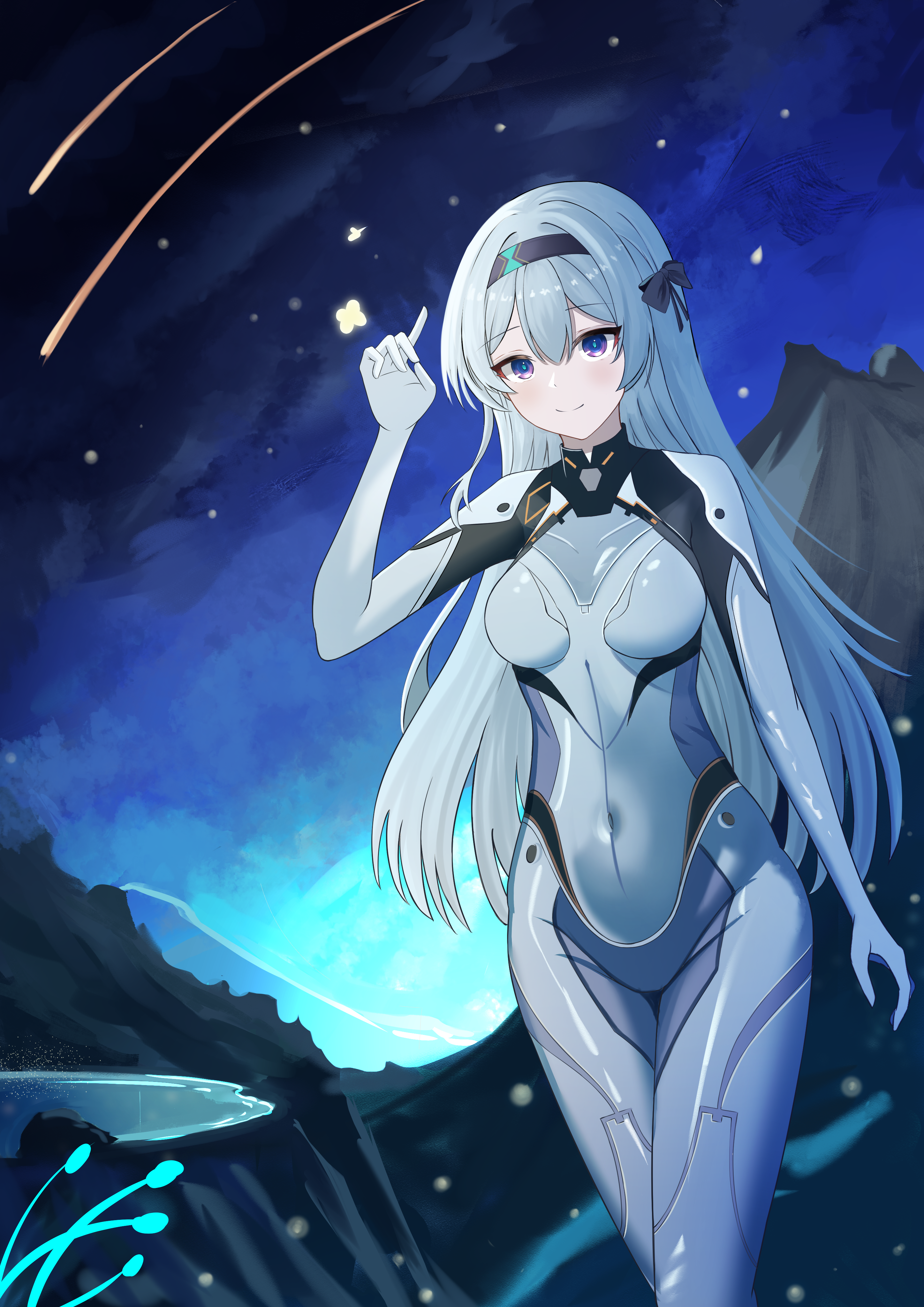 Anime girl in sci-fi suit under starry sky HD Wallpaper