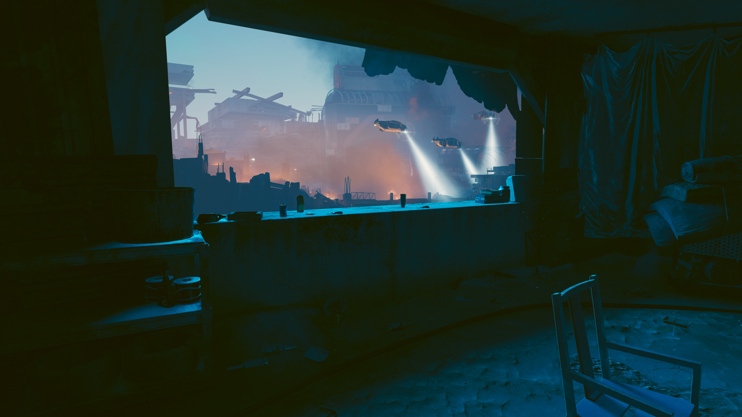 Cyberpunk city view from a ruined interior with flying vehicles HD Wallpaper