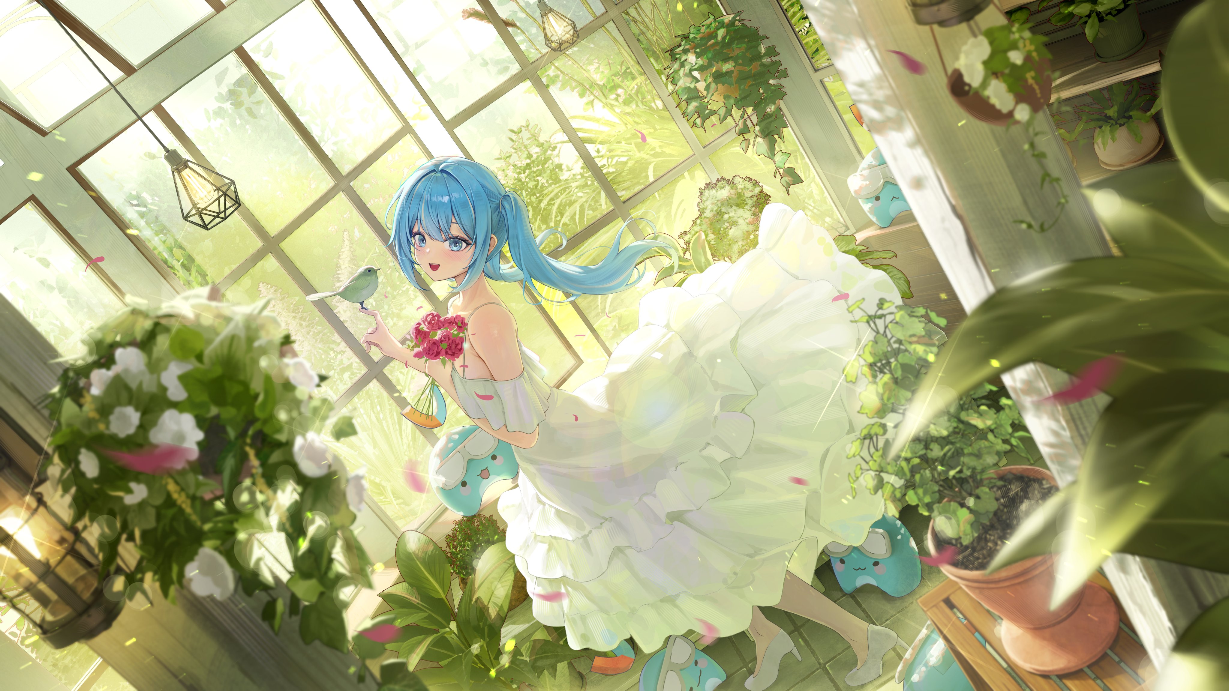 Anime girl in a greenhouse with flowers and plants HD Wallpaper