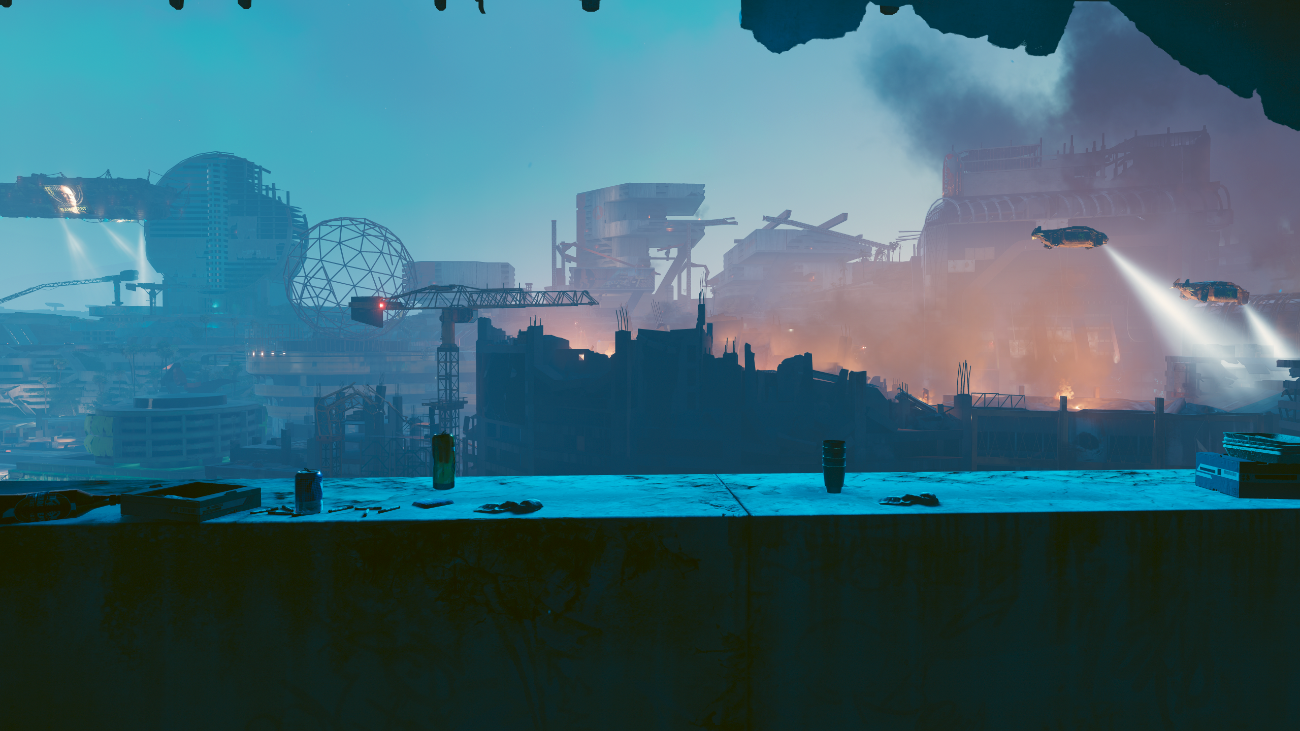 Cyberpunk Cityscape with Flying Vehicles and Construction HD Wallpaper