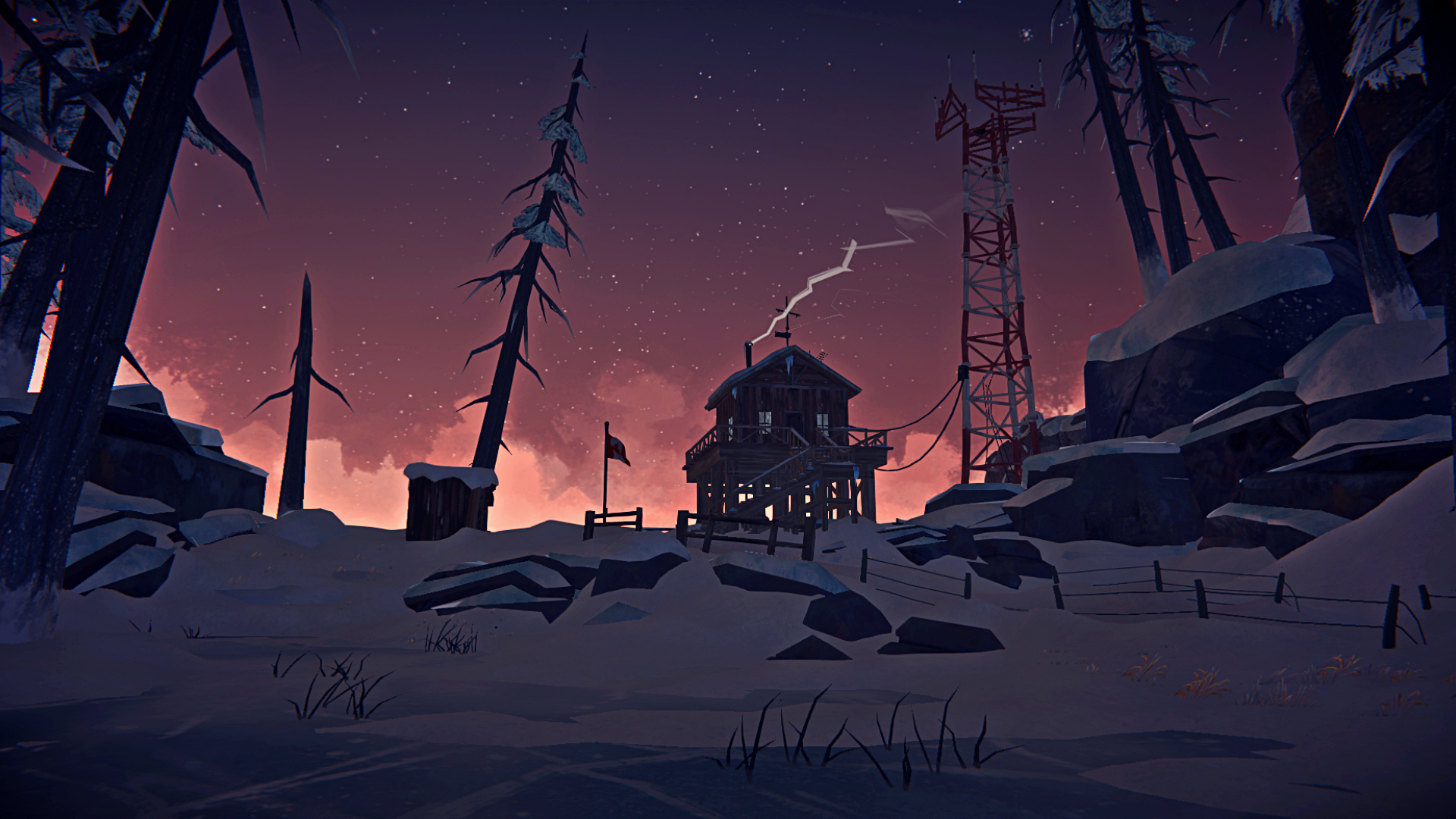 The Long Dark winter outpost at dusk with radio tower HD Wallpaper
