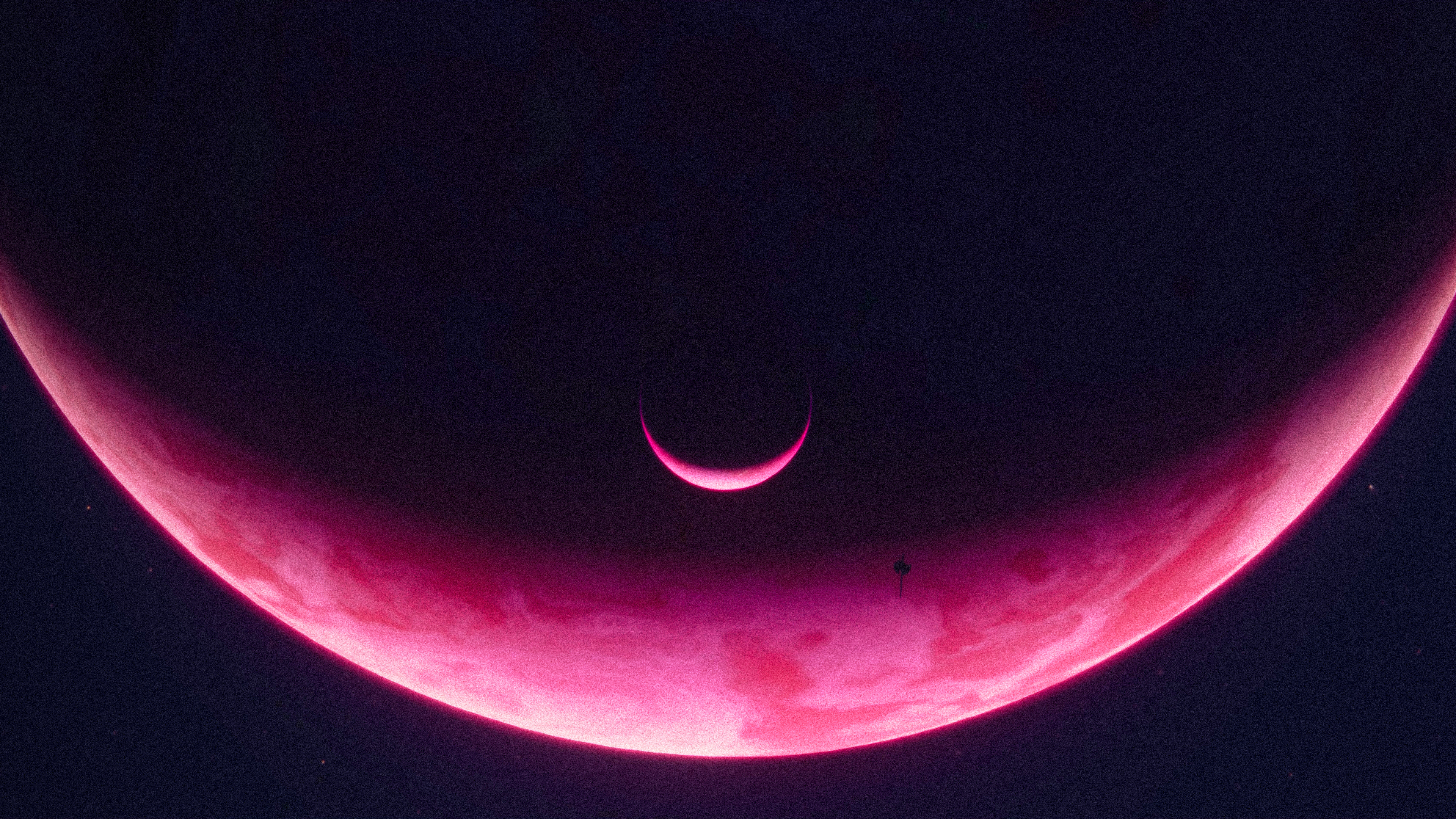 Pink planet and crescent moon in space HD Wallpaper