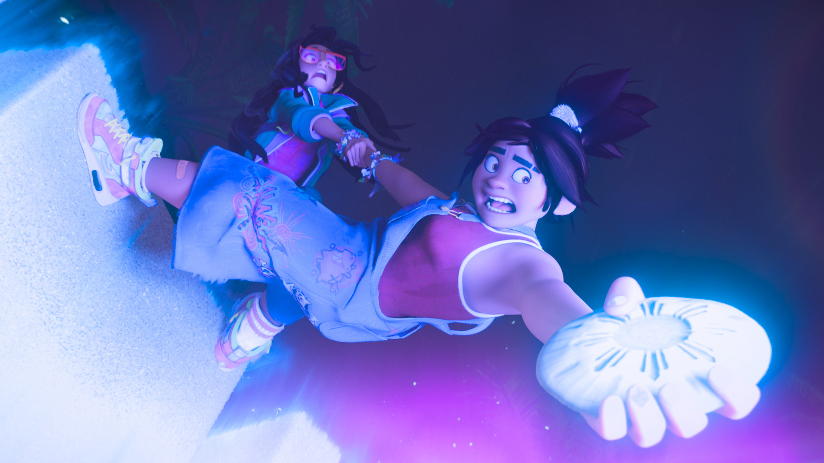 Two girls falling in a colorful, dreamlike environment HD Wallpaper
