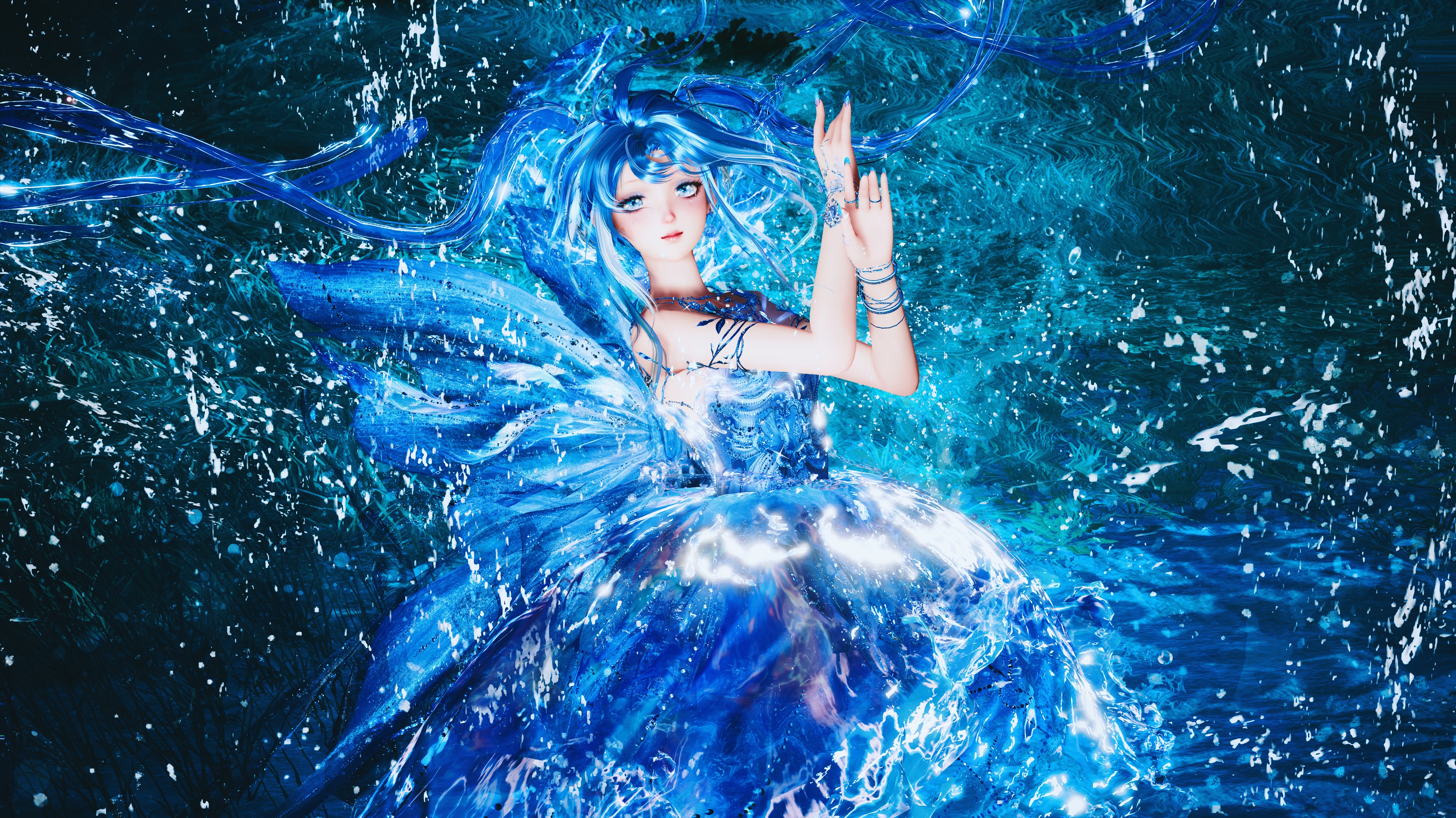 Anime girl with blue hair in a water dress HD Wallpaper