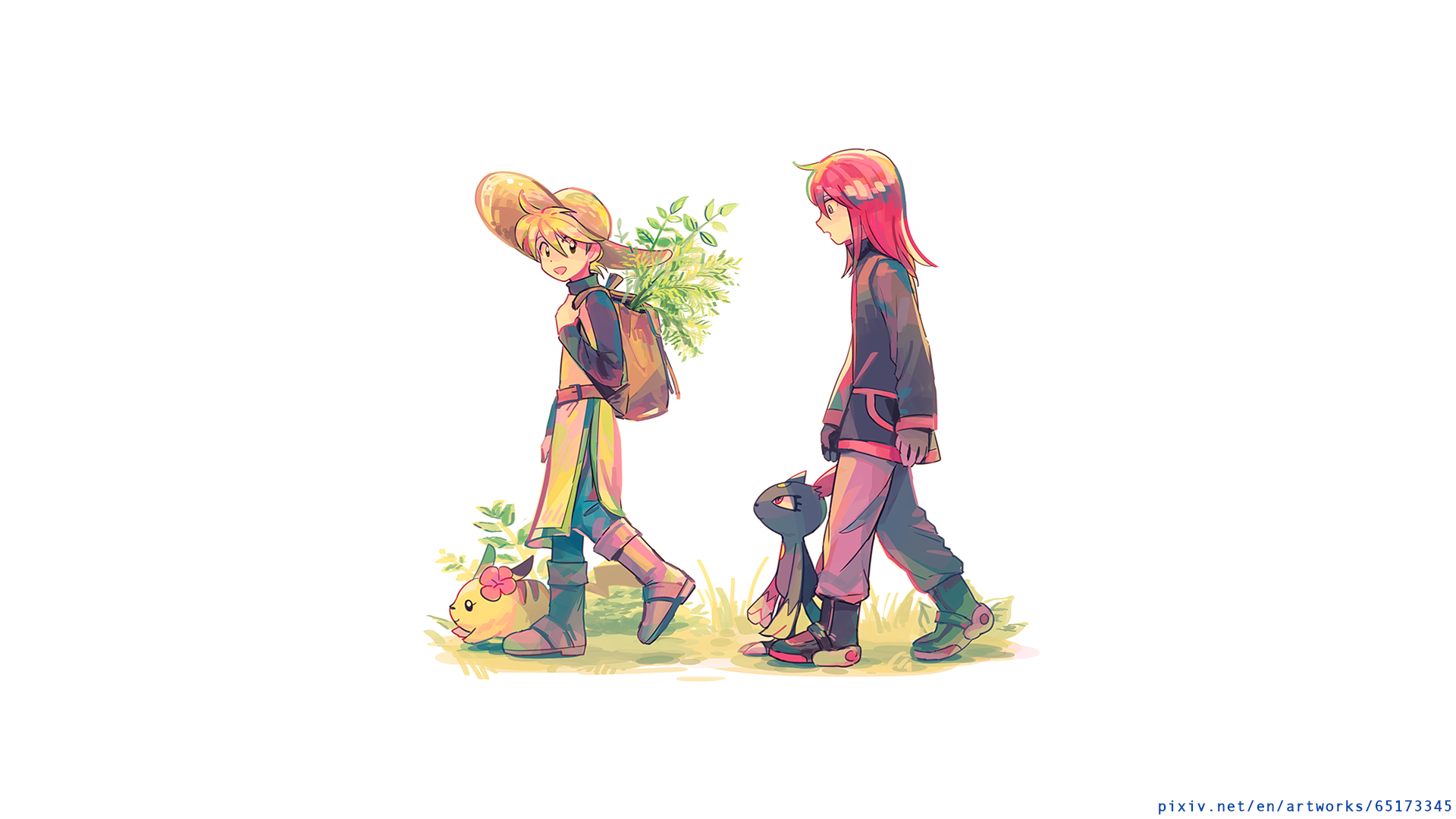 Two characters with Pokémon walking HD Wallpaper