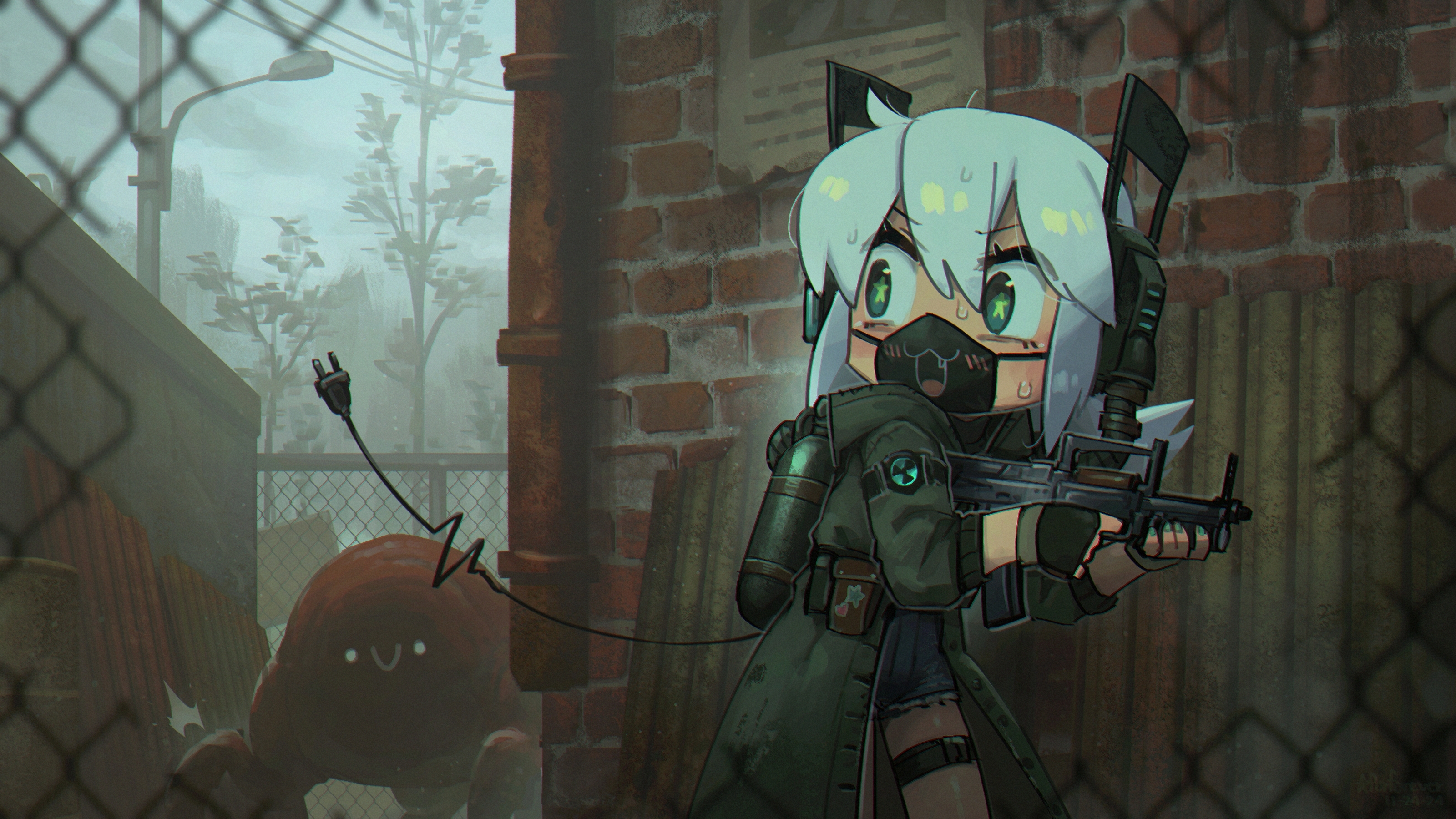 Anime girl with gun and creature in post-apocalyptic setting HD Wallpaper