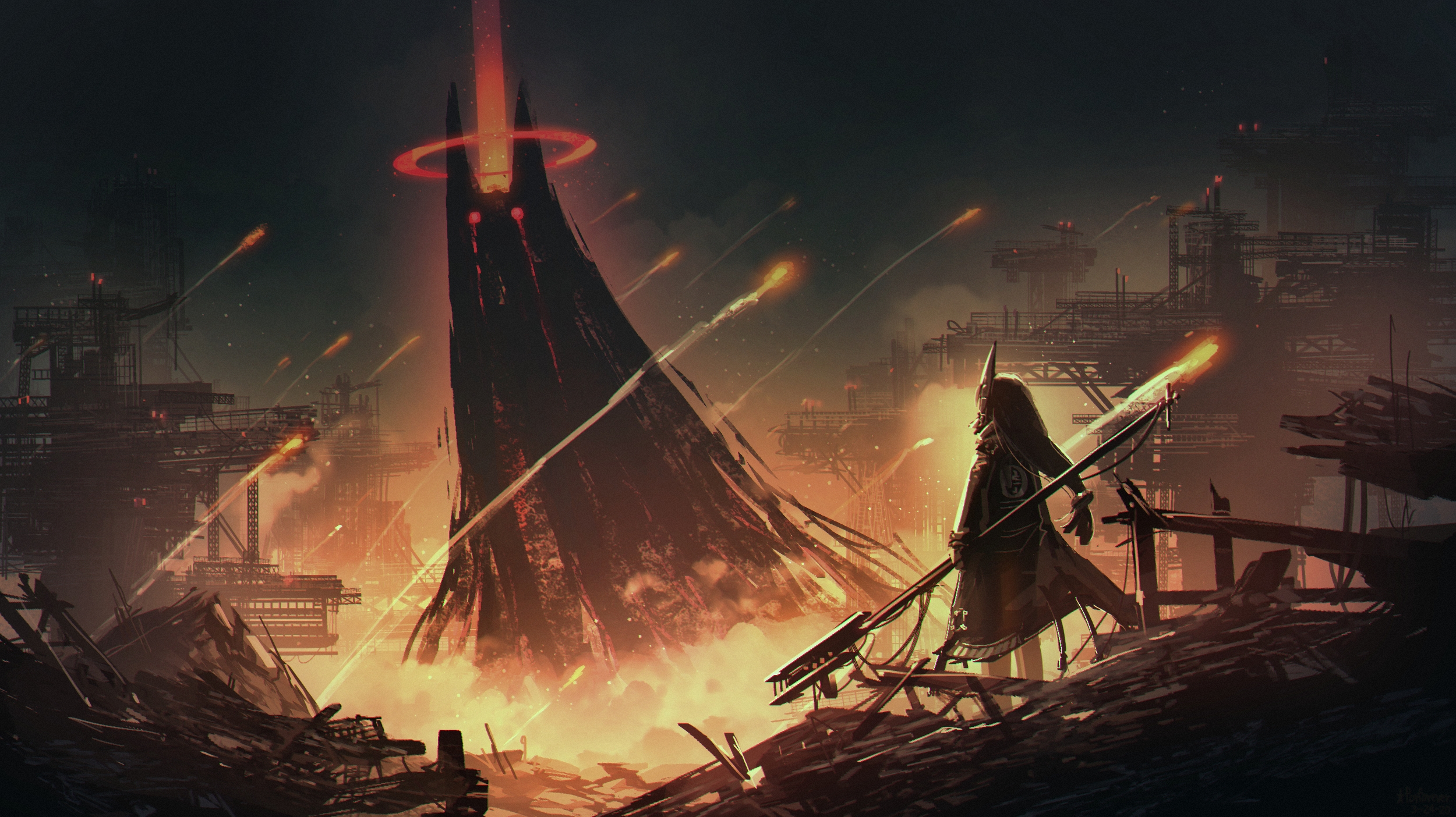 Sci-fi warrior facing a dark tower and industrial ruins HD Wallpaper