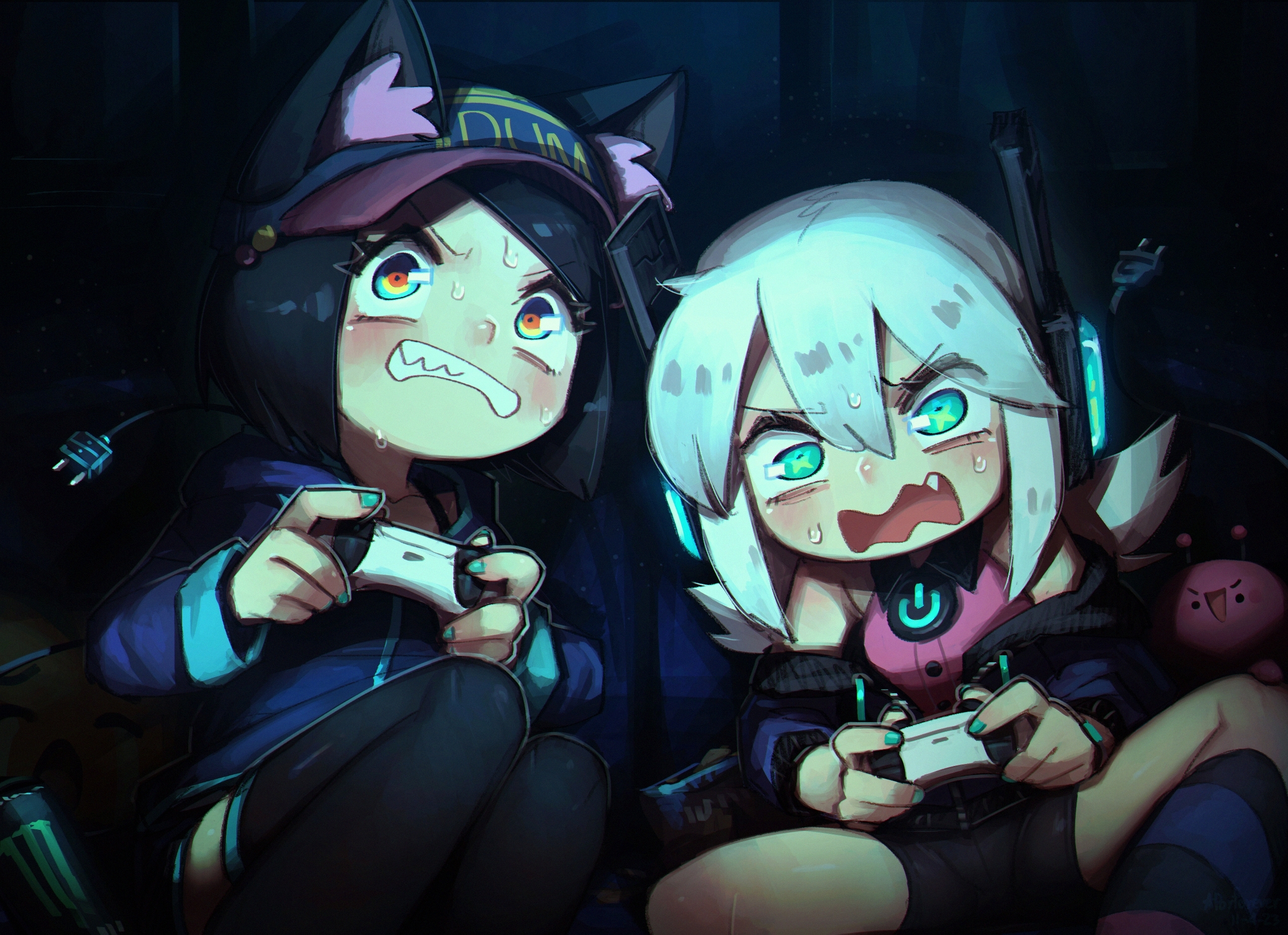 Two anime girls intensely playing video games HD Wallpaper