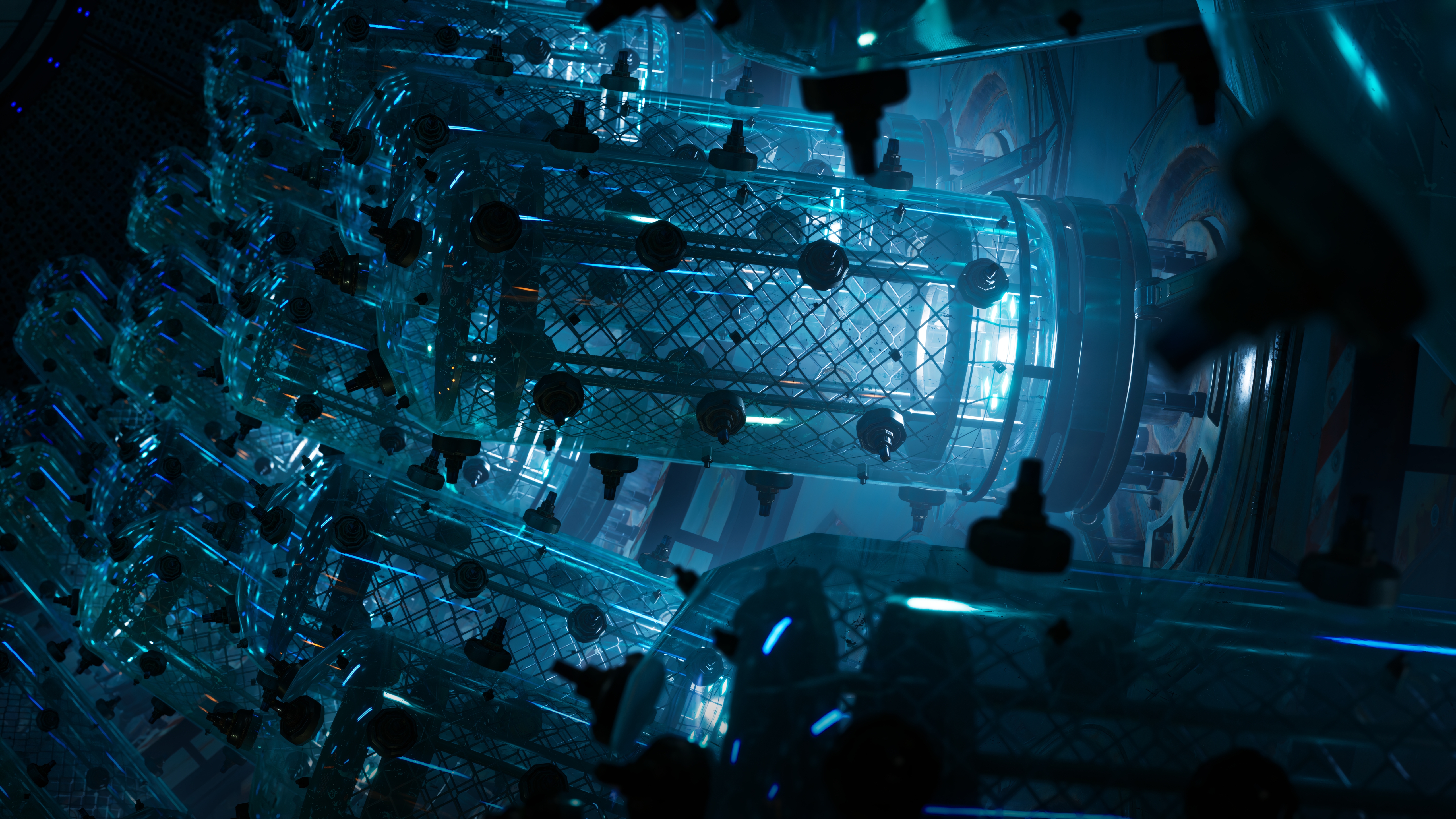 Futuristic laboratory with glowing blue tubes HD Wallpaper