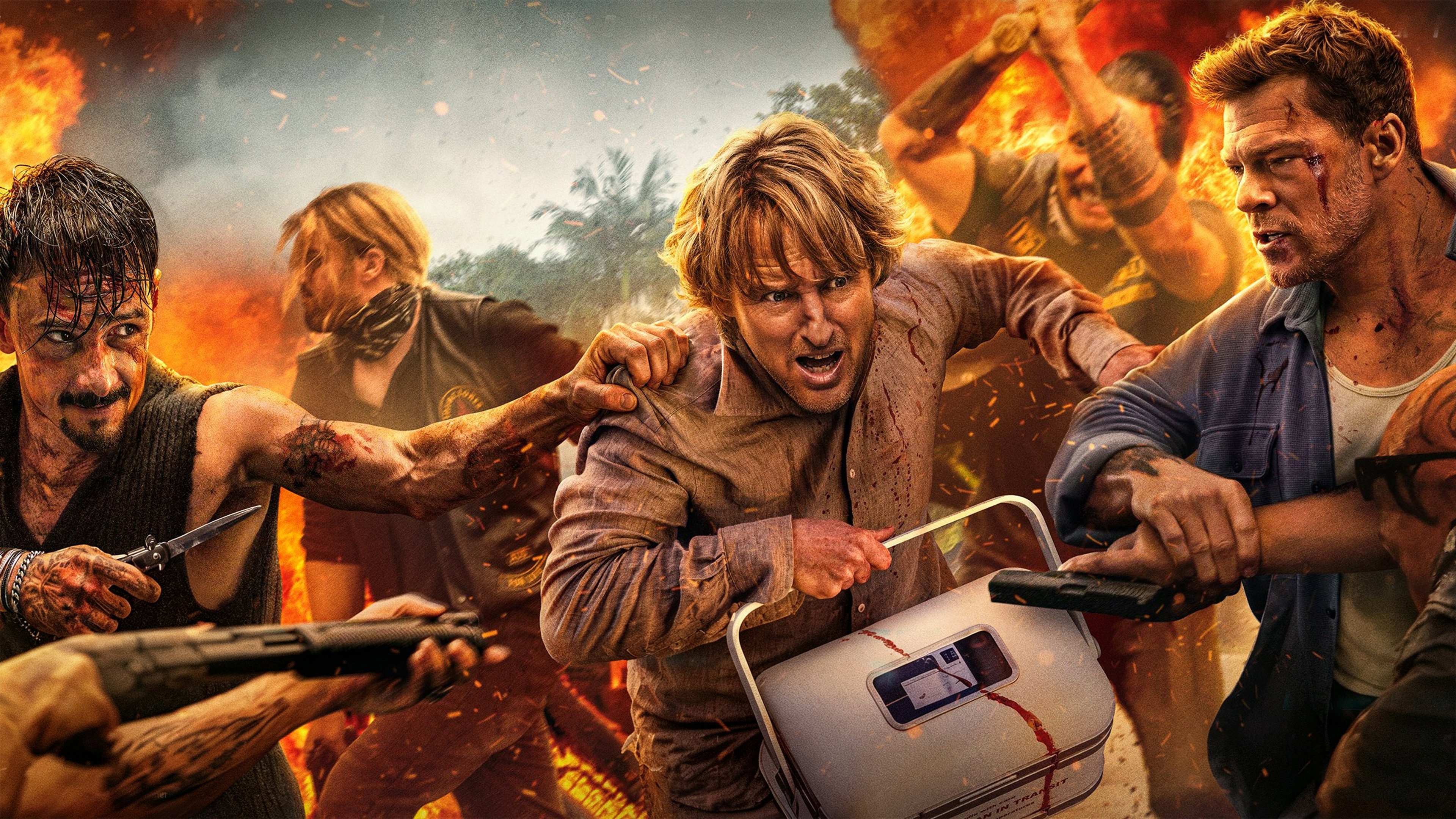 Men in a chaotic fight with fire and weapons HD Wallpaper