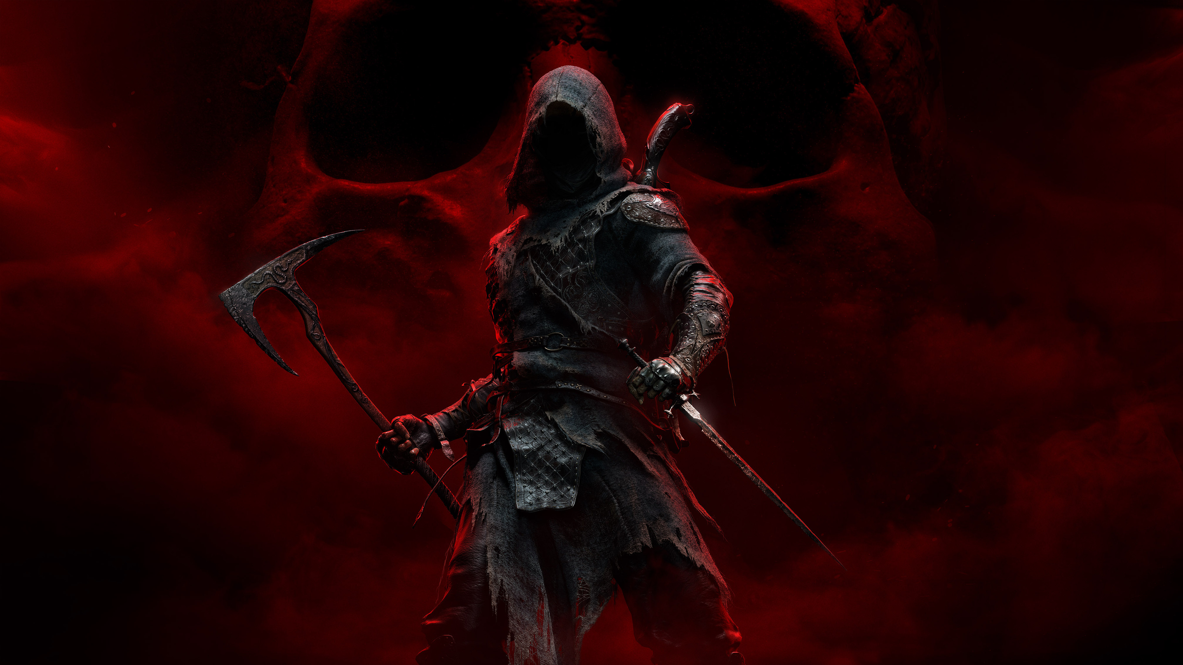 Dark hooded figure with axe and dagger HD Wallpaper