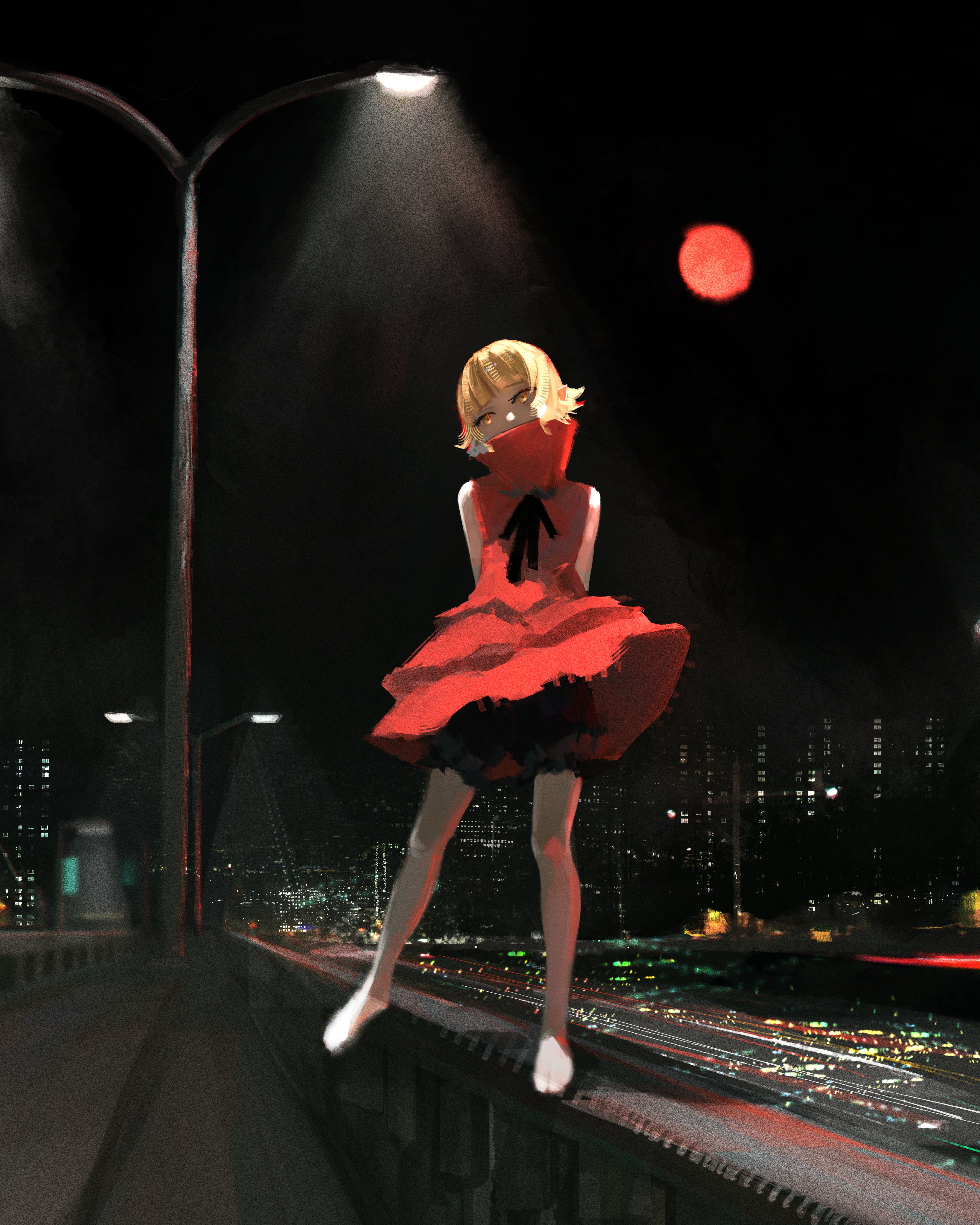 Girl in red dress on bridge at night HD Wallpaper
