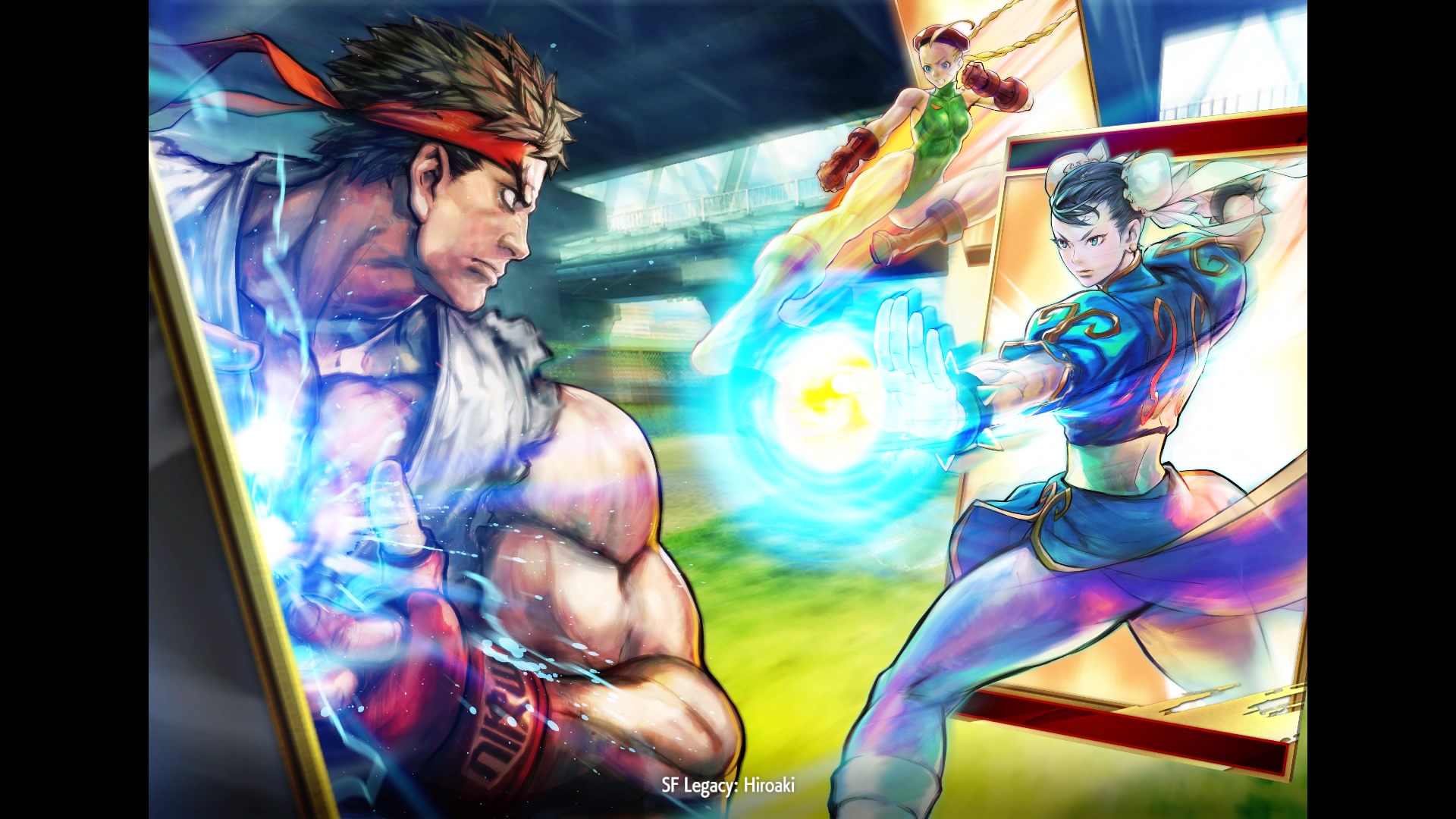 Street Fighter Ryu and Chun-Li clash with energy attacks HD Wallpaper
