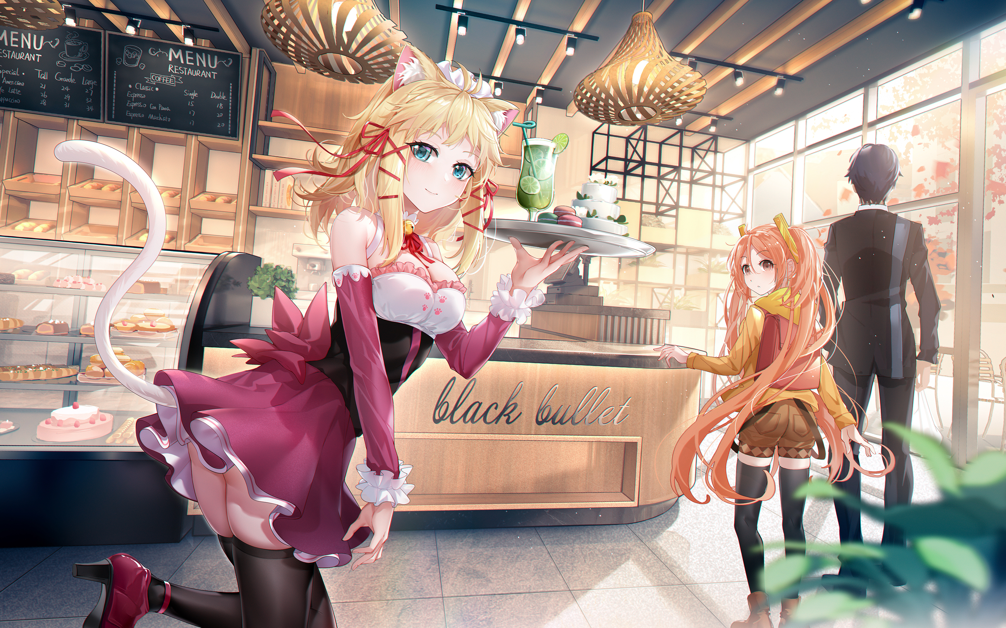 Anime cafe with cat-eared waitress serving dessert HD Wallpaper