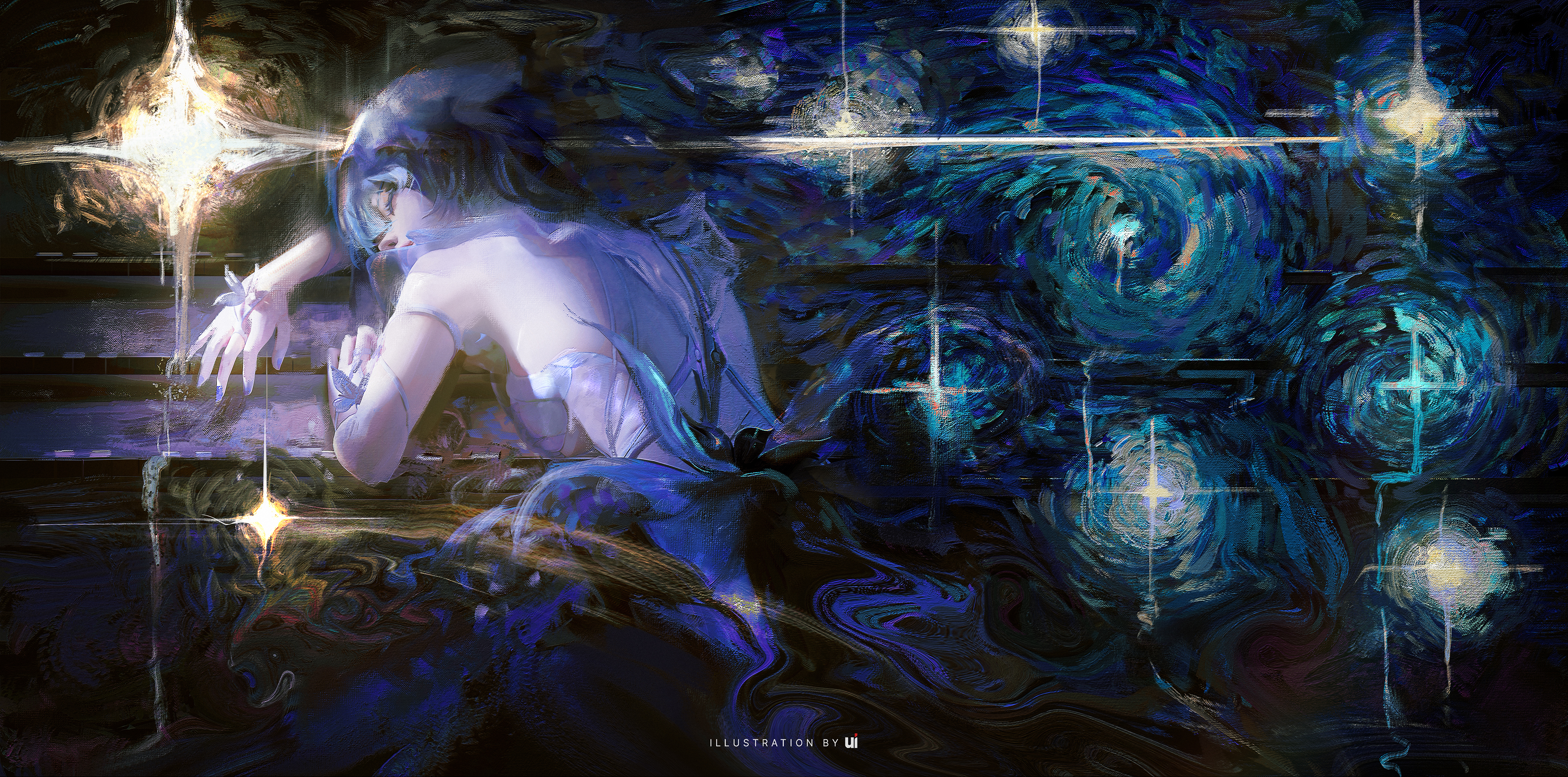 Anime girl reaching for a star in a swirling night sky HD Wallpaper