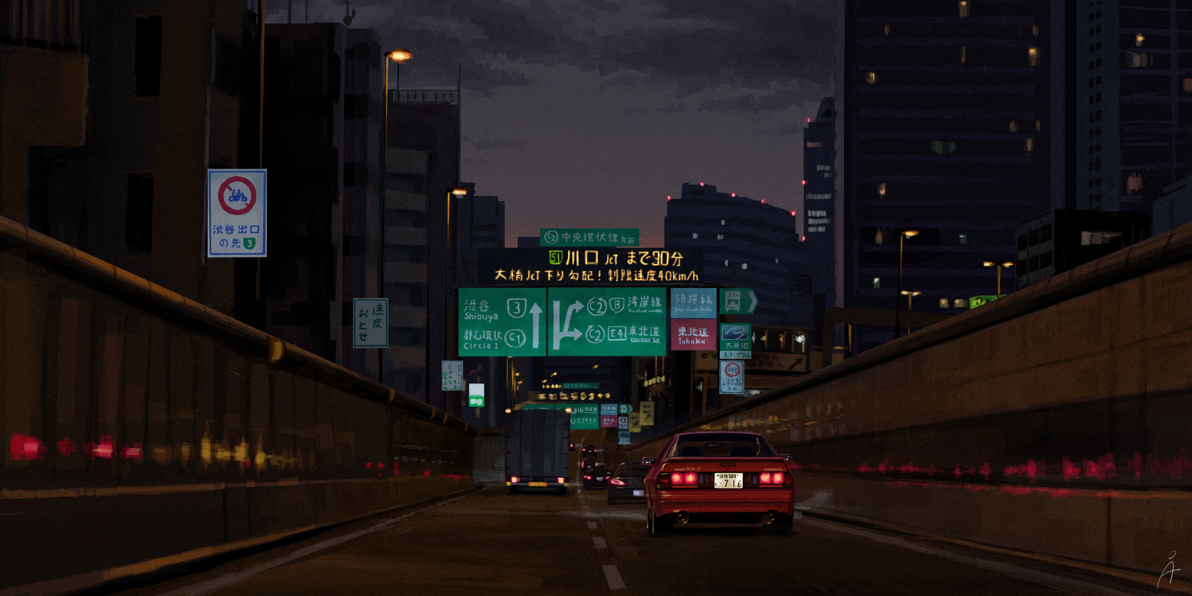 Anime night highway driving with red sports car HD Wallpaper