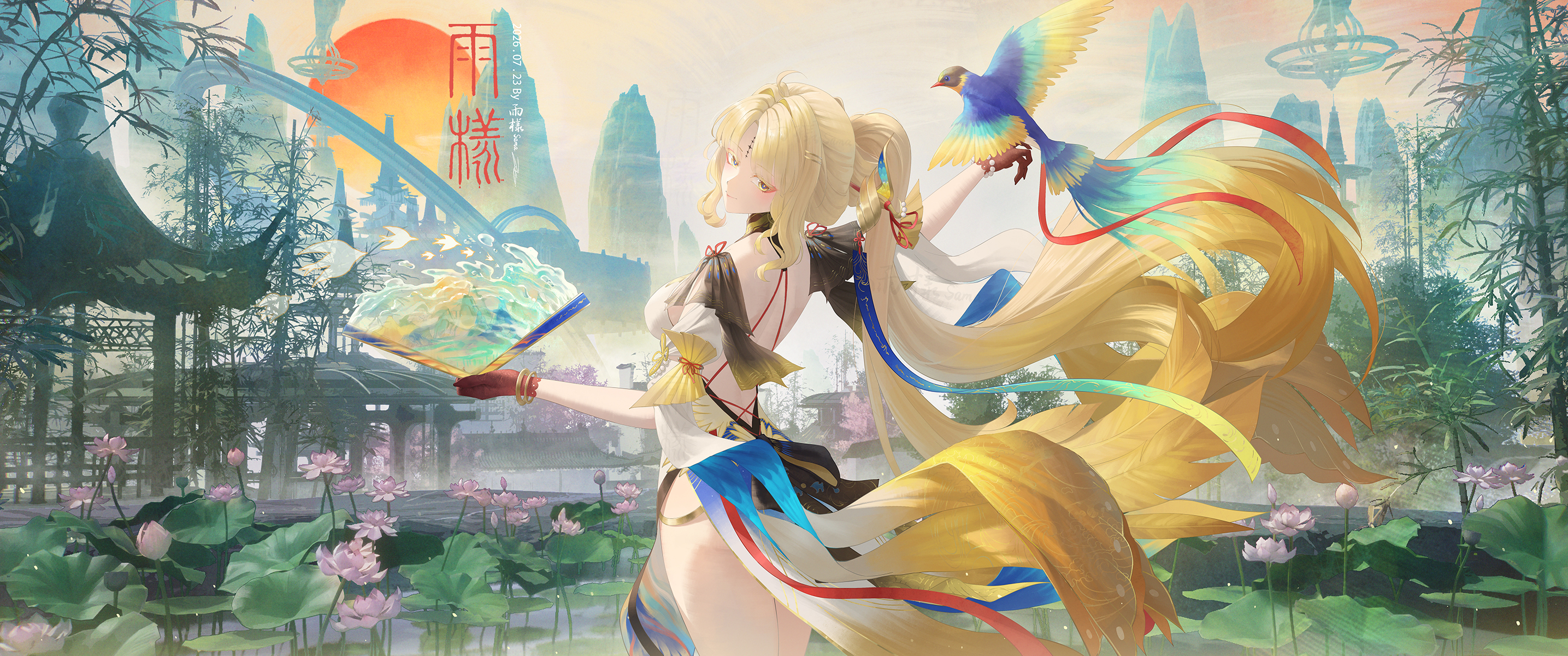 Anime Girl with Bird and Lotus Pond HD Wallpaper