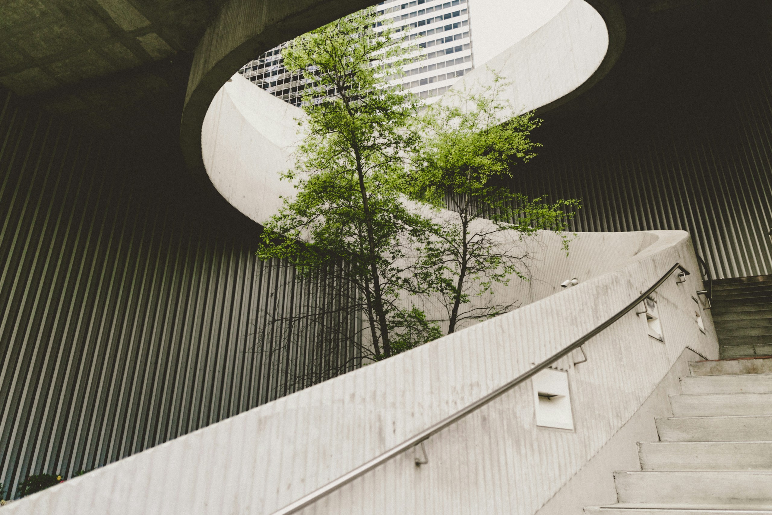 Concrete spiral staircase with trees and building HD Wallpaper