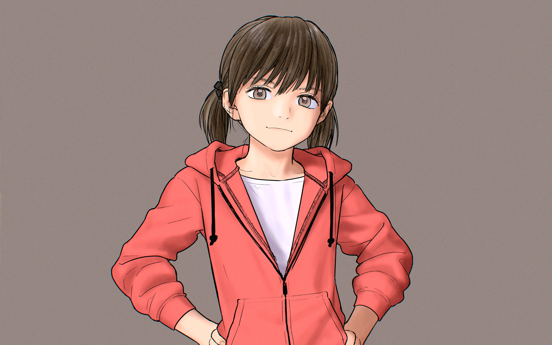 Anime girl with brown hair in a red hoodie HD Wallpaper