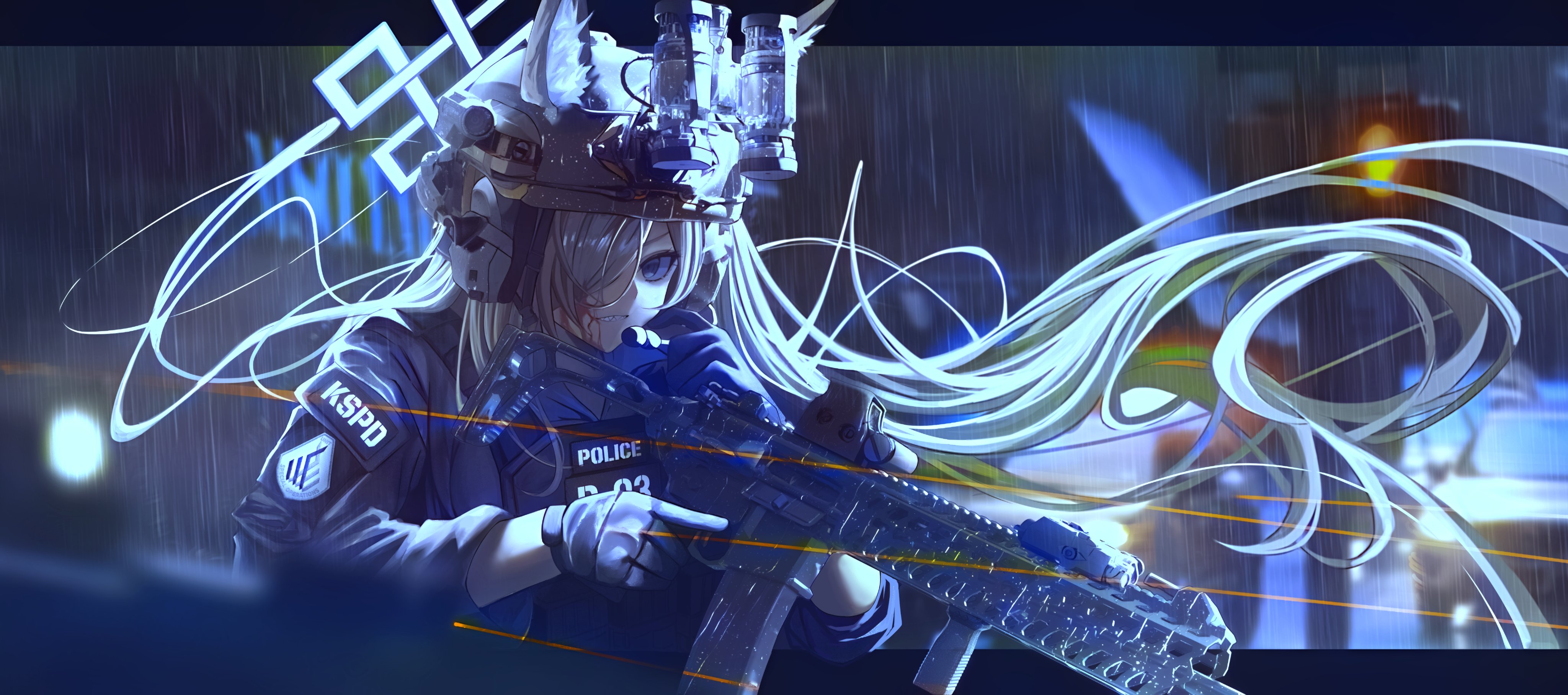 Anime police officer with rifle in the rain HD Wallpaper