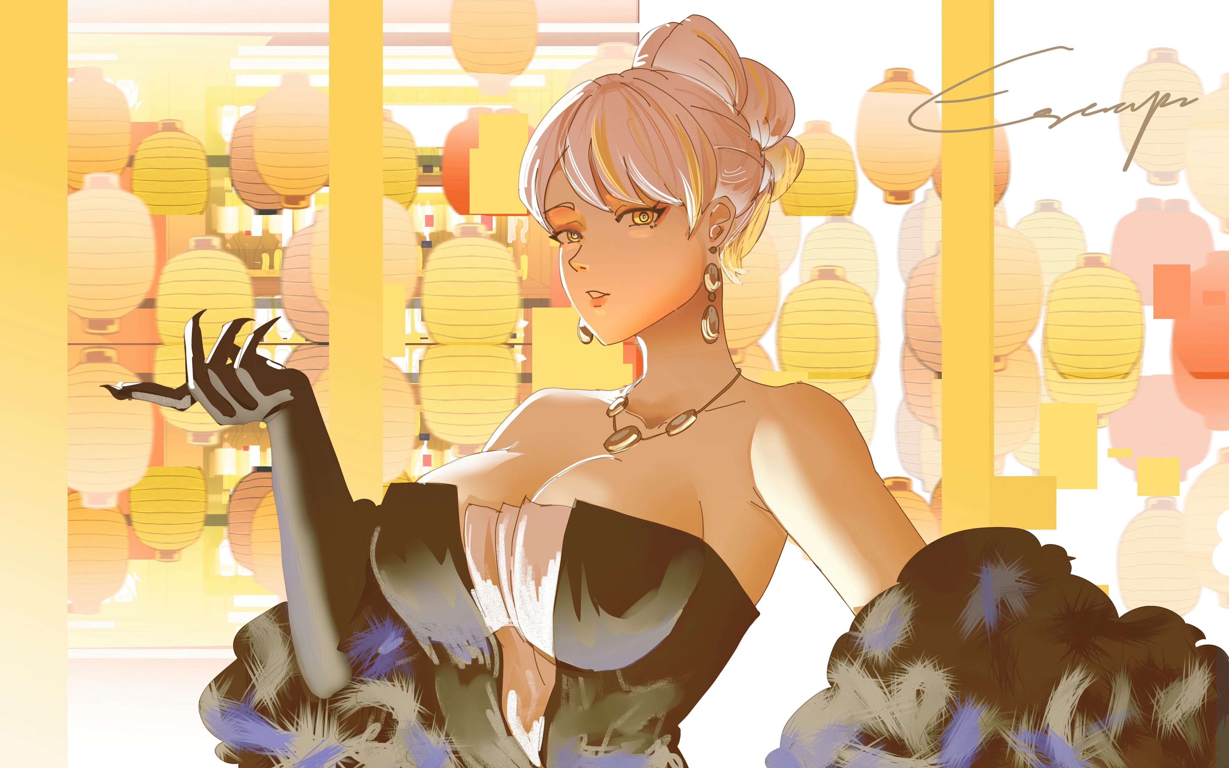 Anime girl in a black dress with lanterns HD Wallpaper