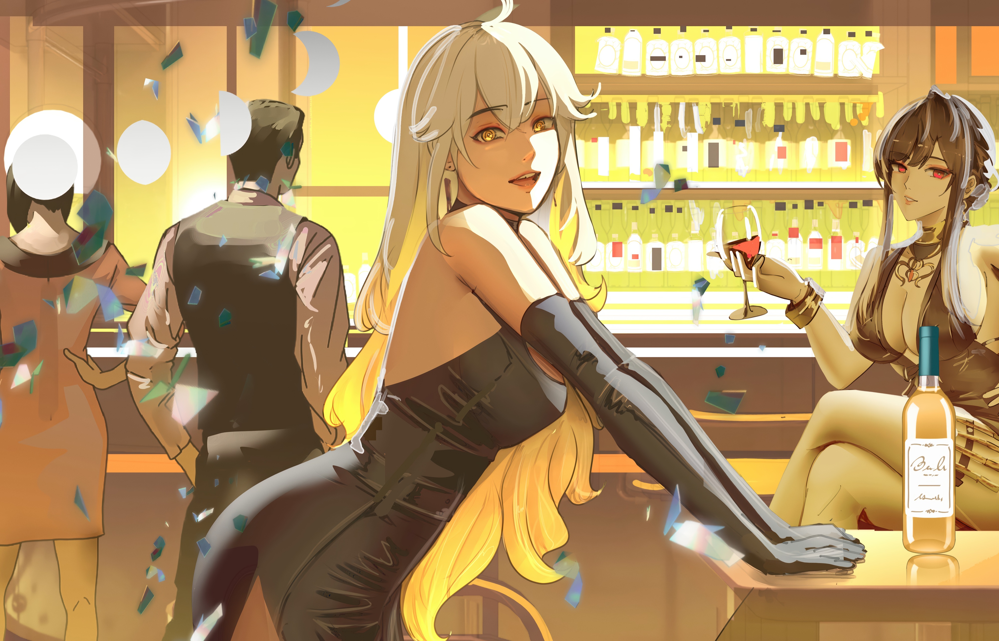 Anime women at a bar with drinks and confetti HD Wallpaper