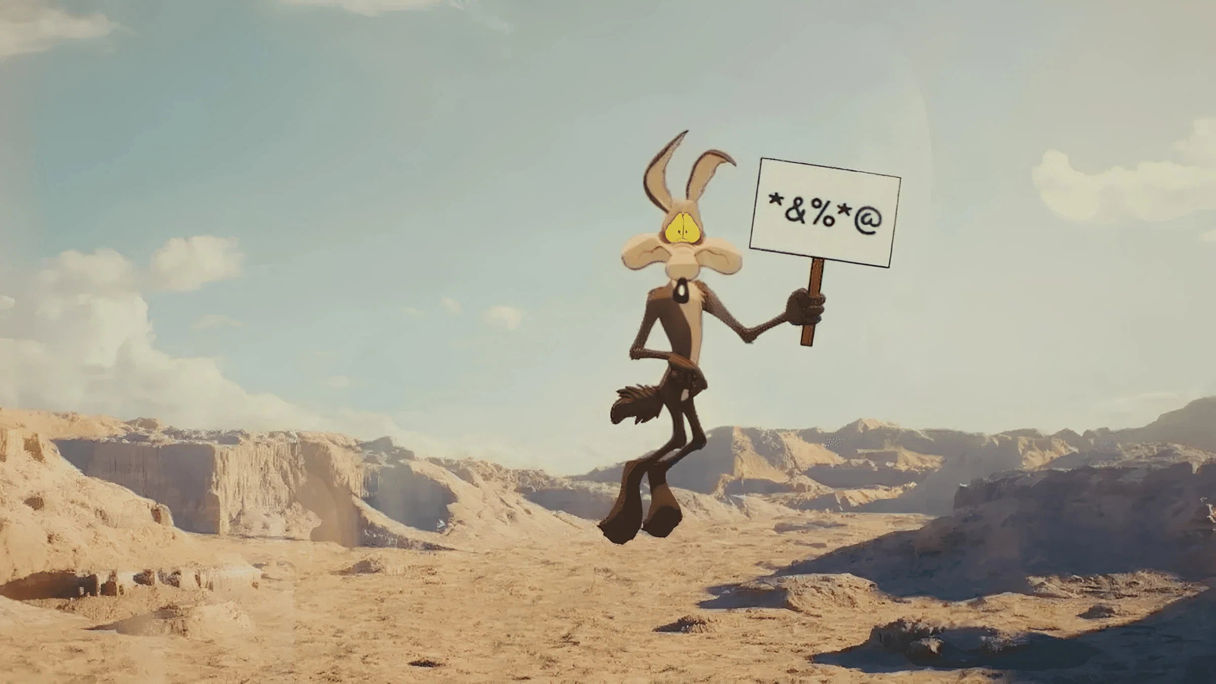 Wile E. Coyote holding a sign in a desert HD Wallpaper