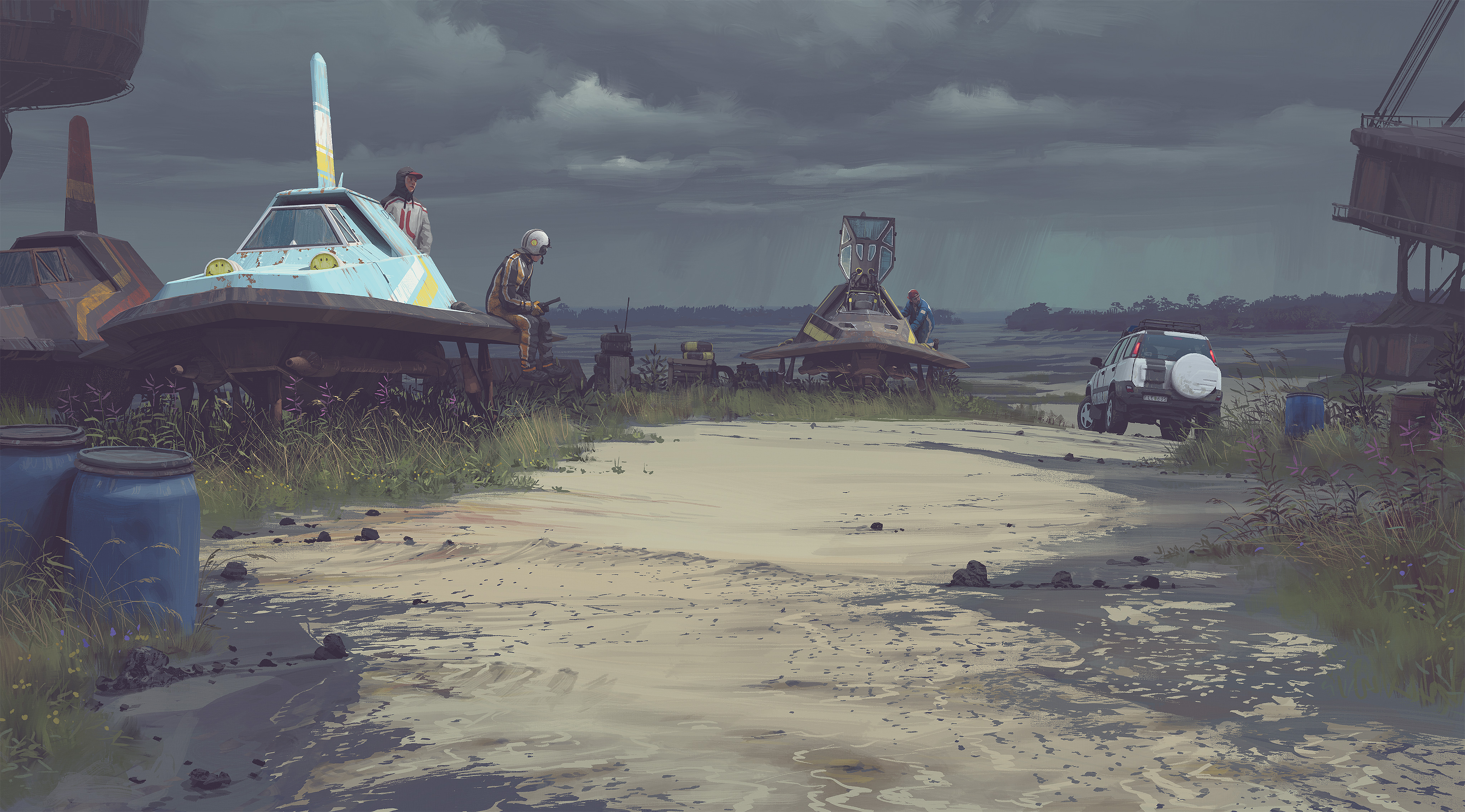 Post-apocalyptic scene with futuristic vehicles and people HD Wallpaper